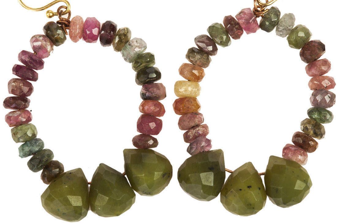 Designer Green and Pink Tourmaline Bead Hoop Earrings Size ONE SIZE - 4 Thumbnail