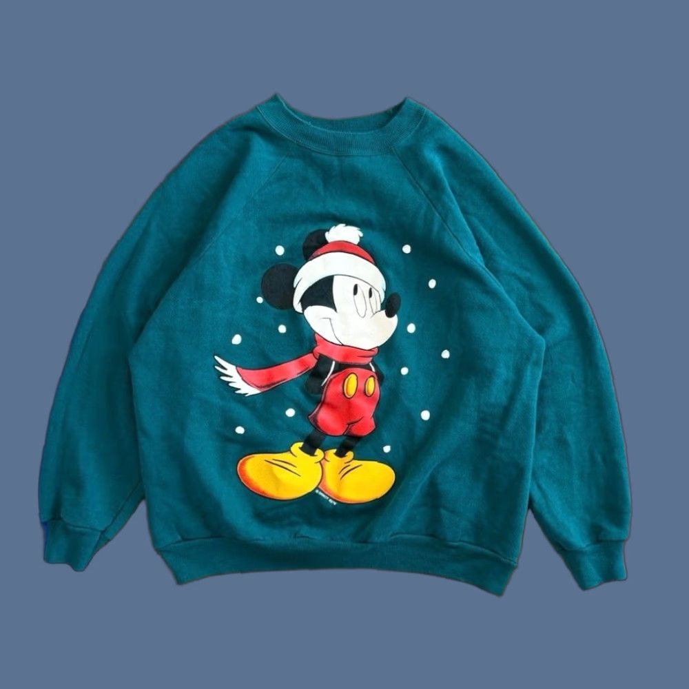 VINTAGE 90s Disney Mickey Mouse Christmas Winter Sweatshirt Women L Regular Blue Pullover Sweatshirt Long Sleeve Winter Christmas 90s Women