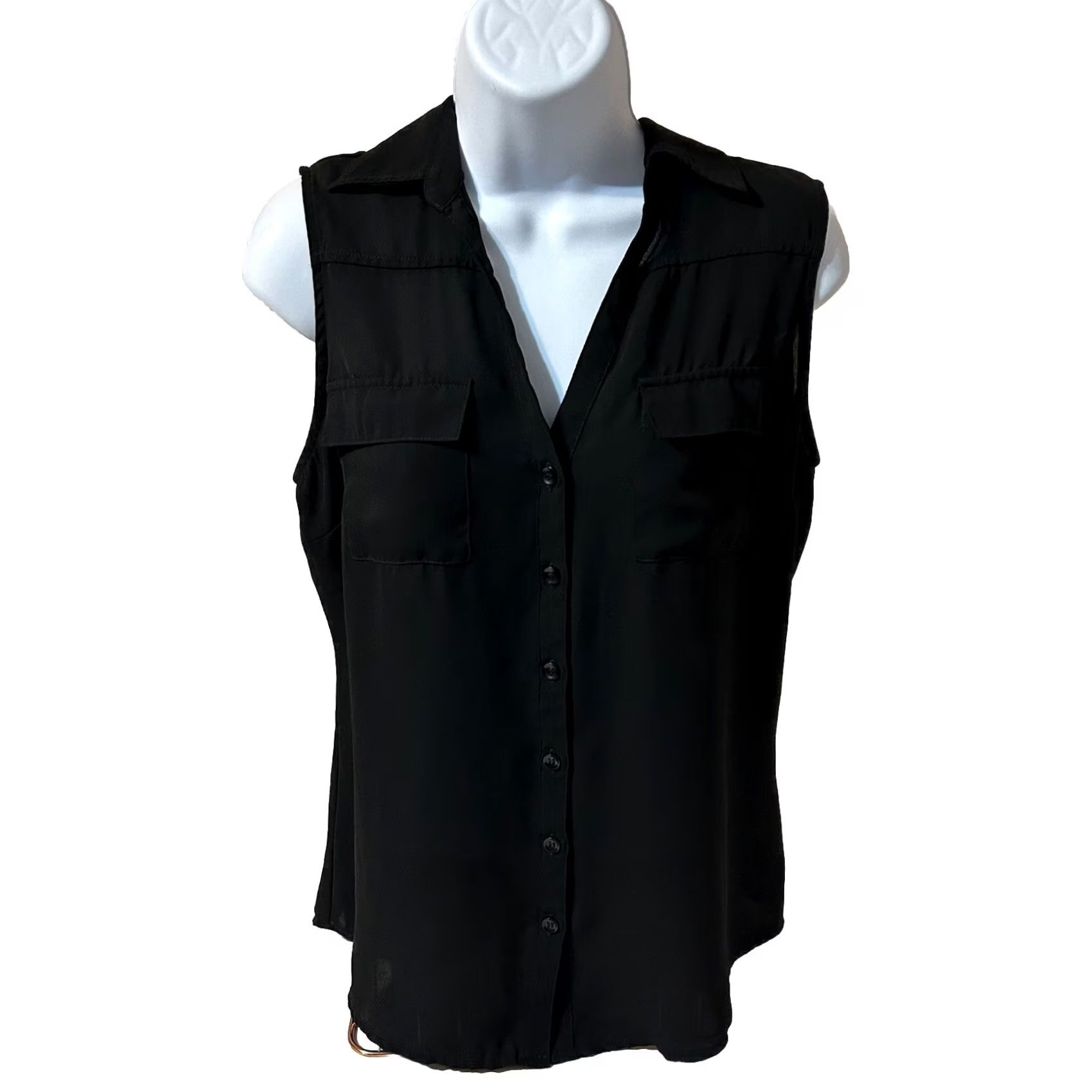 Vintage New York & Company Sleeveless Blouse Women Small Black Button Up V Neck Size S / US 4 / IT 40 - 2 Thumbnail