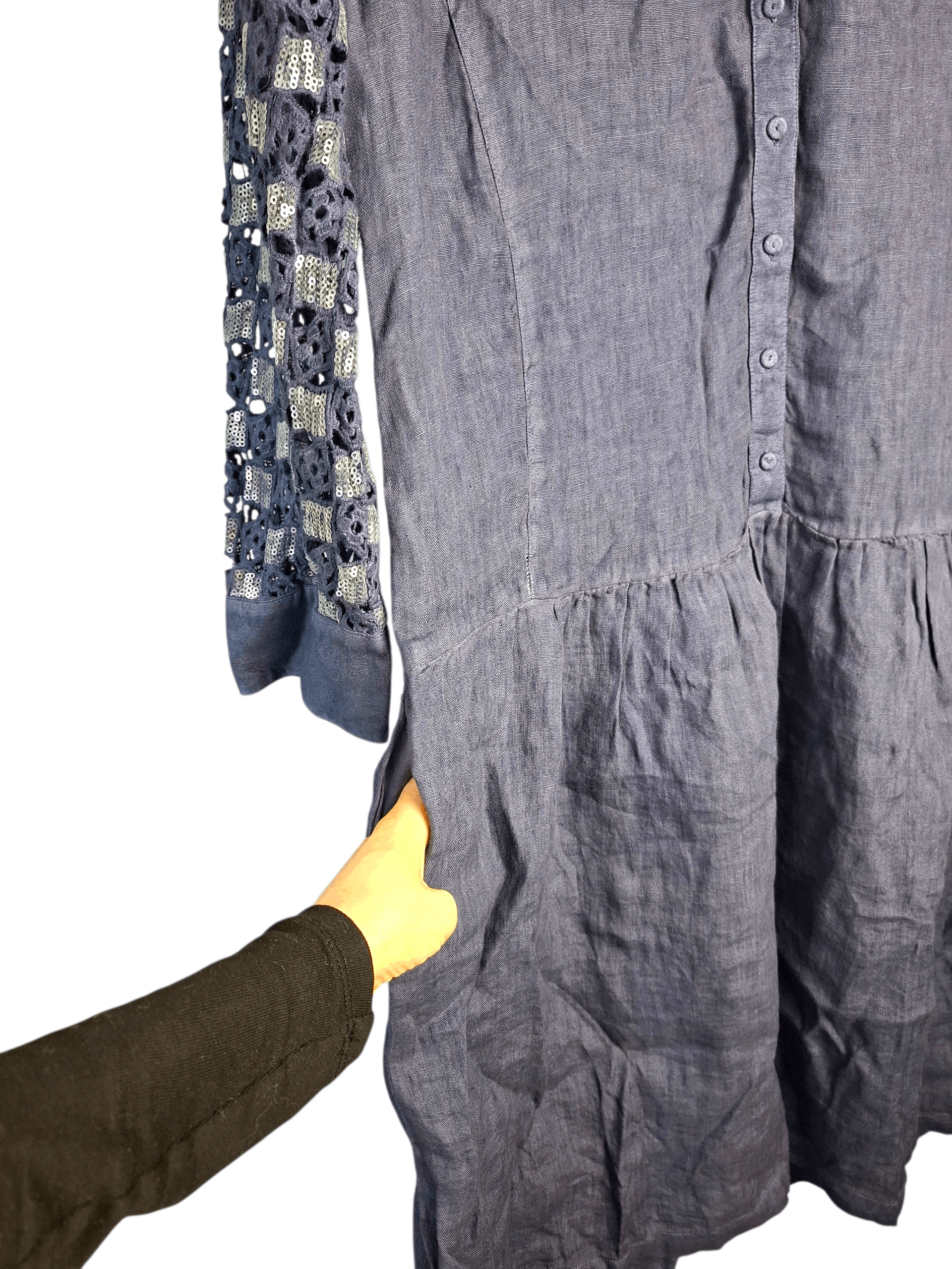120% Lino 120% Lino Blue Linen Sequin Crochet Sleeve Shift Dress Size M / US 6-8 / IT 42-44 - 3 Thumbnail