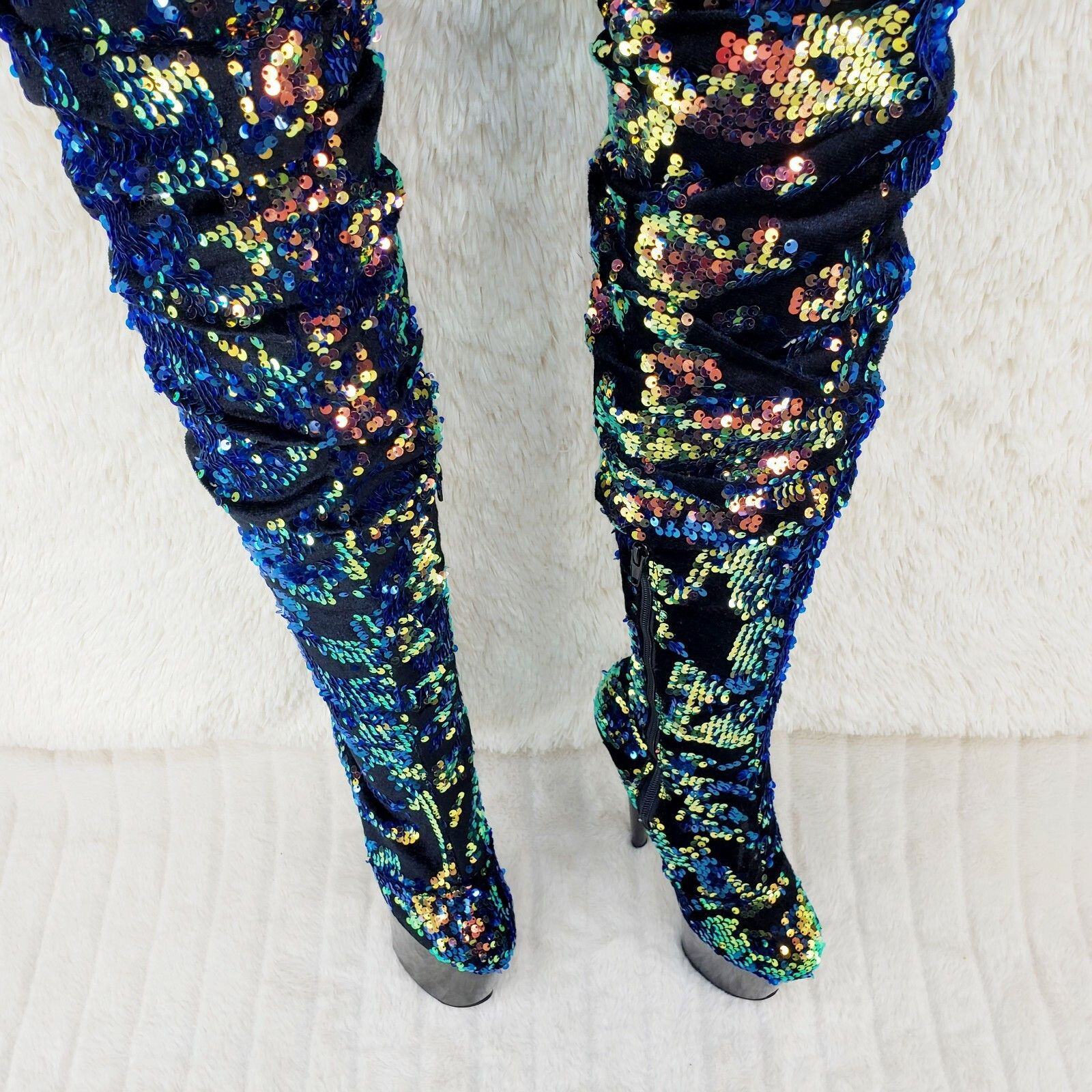 Other Flamingo 3004 Blue Sequin Slouchy Platform Thigh High Boots Size US 9 / IT 39 - 7 Thumbnail