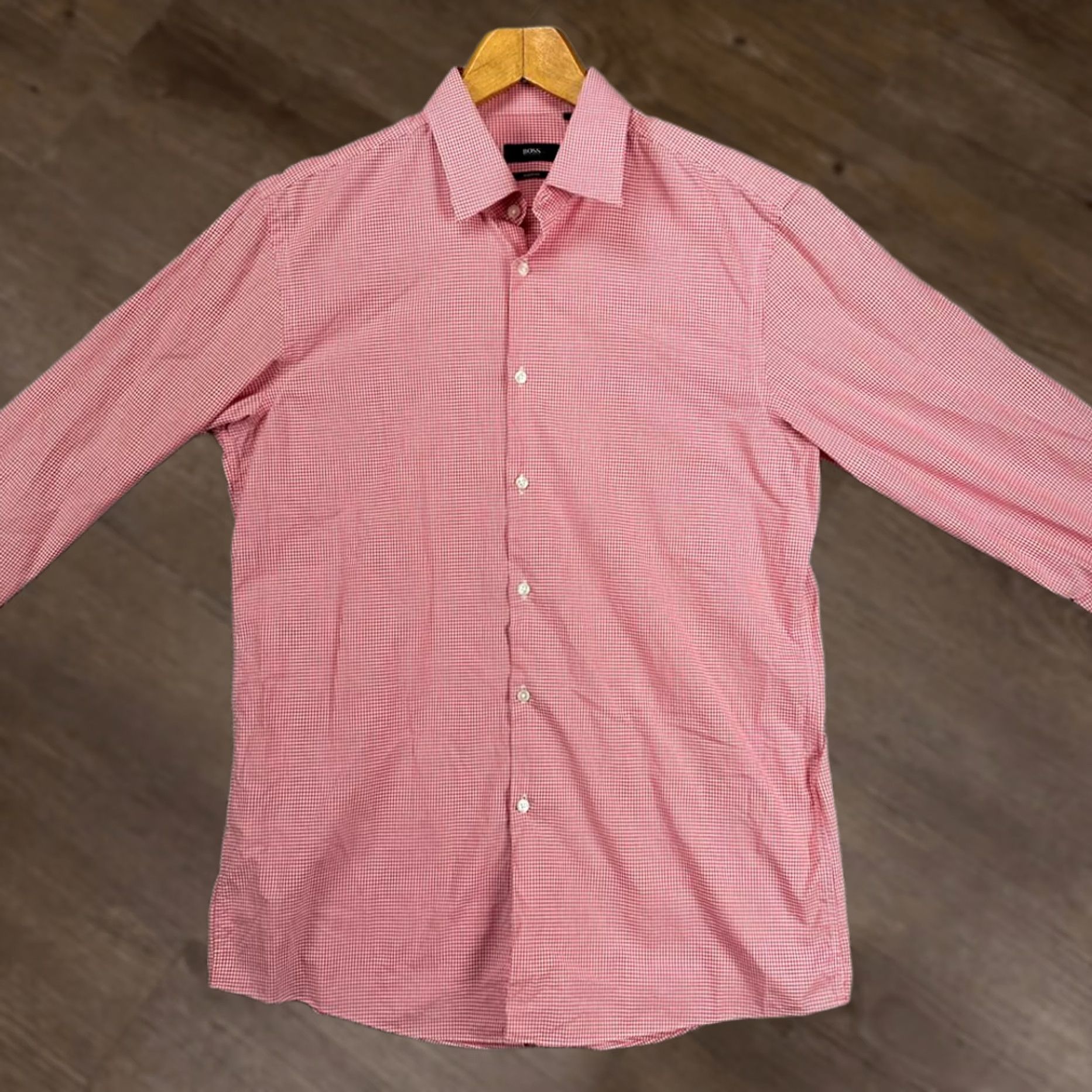 Hugo Boss HUGO BOSS Dress Shirt Mens 16 Red White Pin Check Sharp Fit Button Up Size 42R - 1 Thumbnail