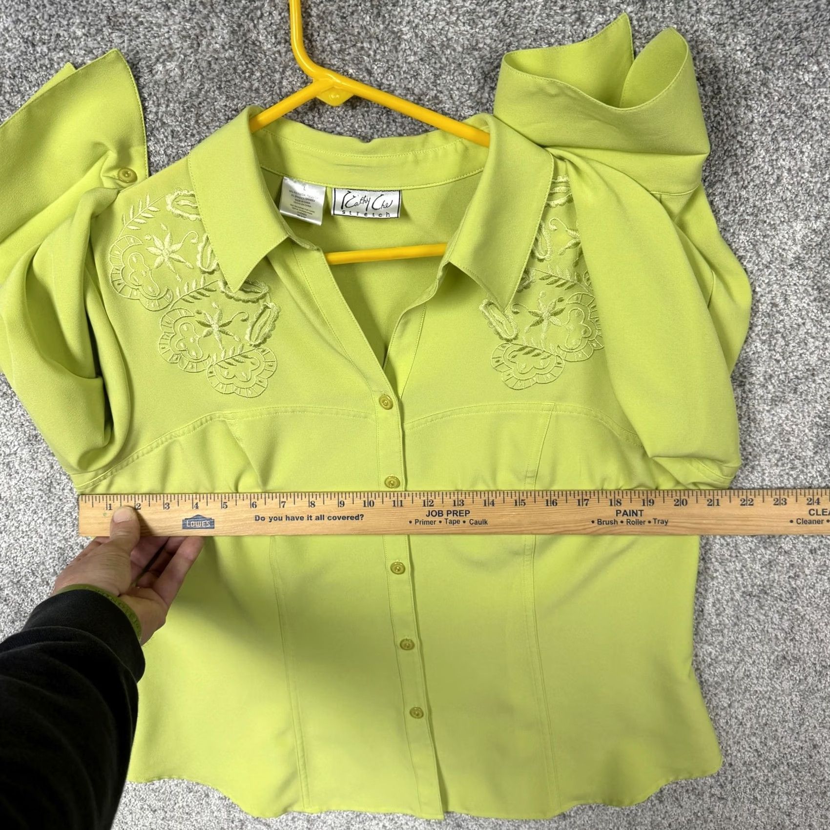 Vintage Cathy Che Top L Green Button-Up 3/4 Sleeve Embroidered Solid Casual Office Workwear 80s 90s Vintage No? Size L / US 10 / IT 46 - 4 Thumbnail