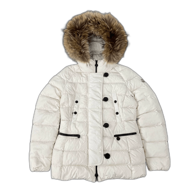 Moncler White Down Jacket with Fur Collar
