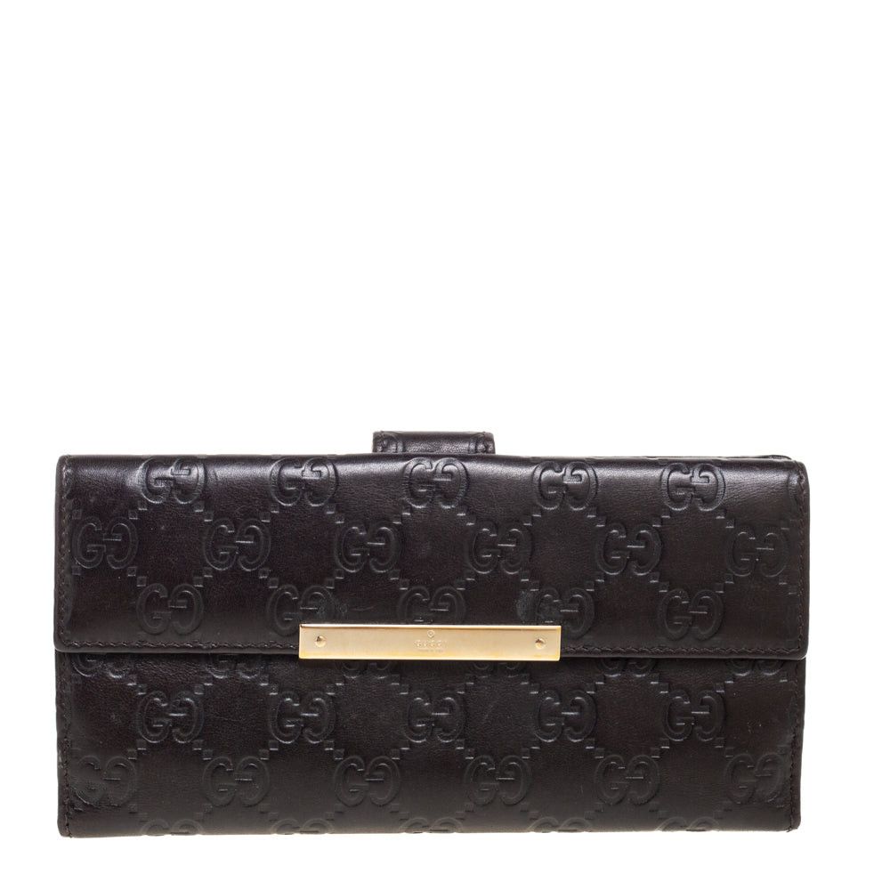 image of Gucci Dark Brown Guccissima Leather Flap Continental Wallet in Black, Women's