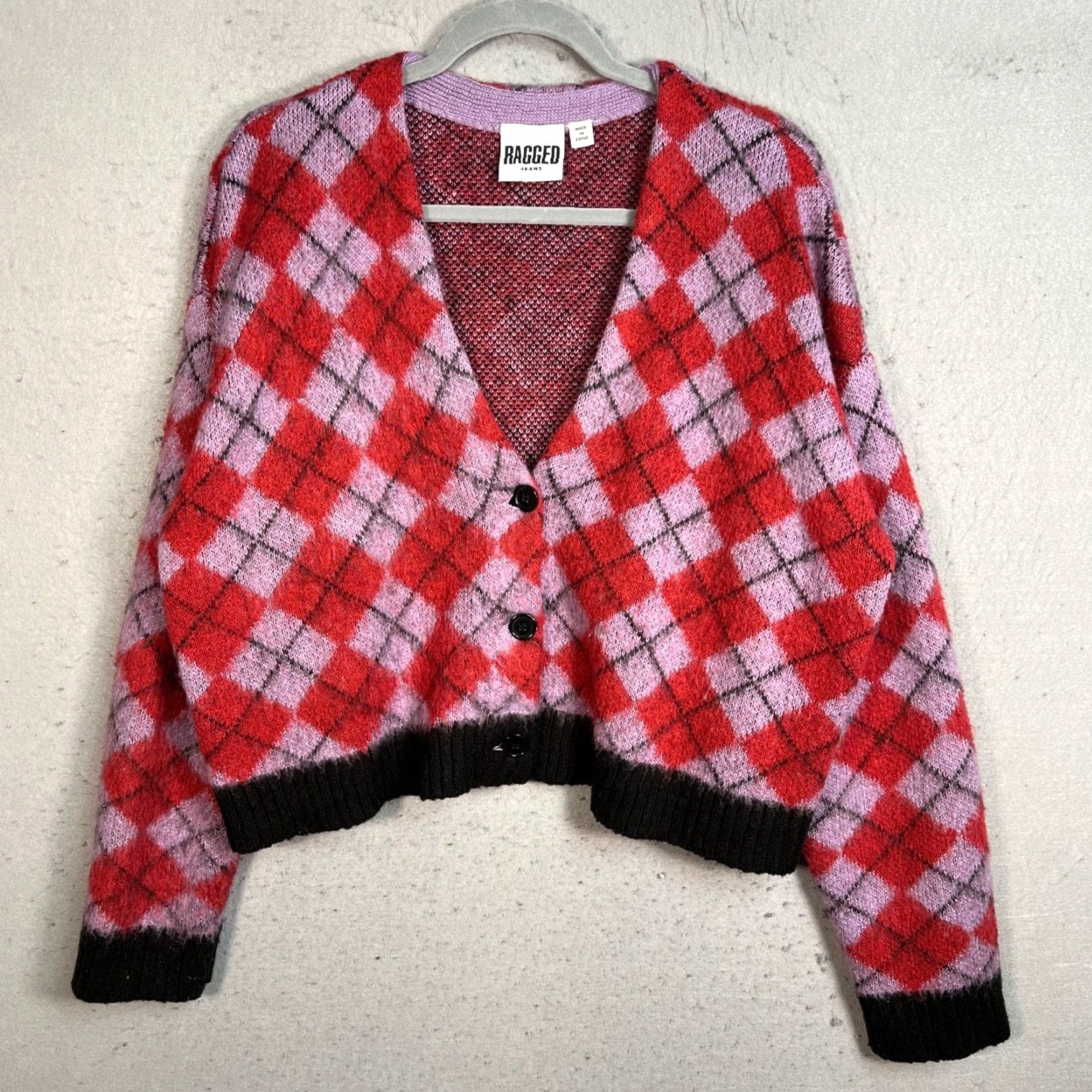 Vintage VINTAGE Ragged Jeans Cardigan Sweater Womens Large Red Purple Plaid Long Sleeve V-Neck Cropped Knit Size L / US 10 / IT 46 - 2 Thumbnail