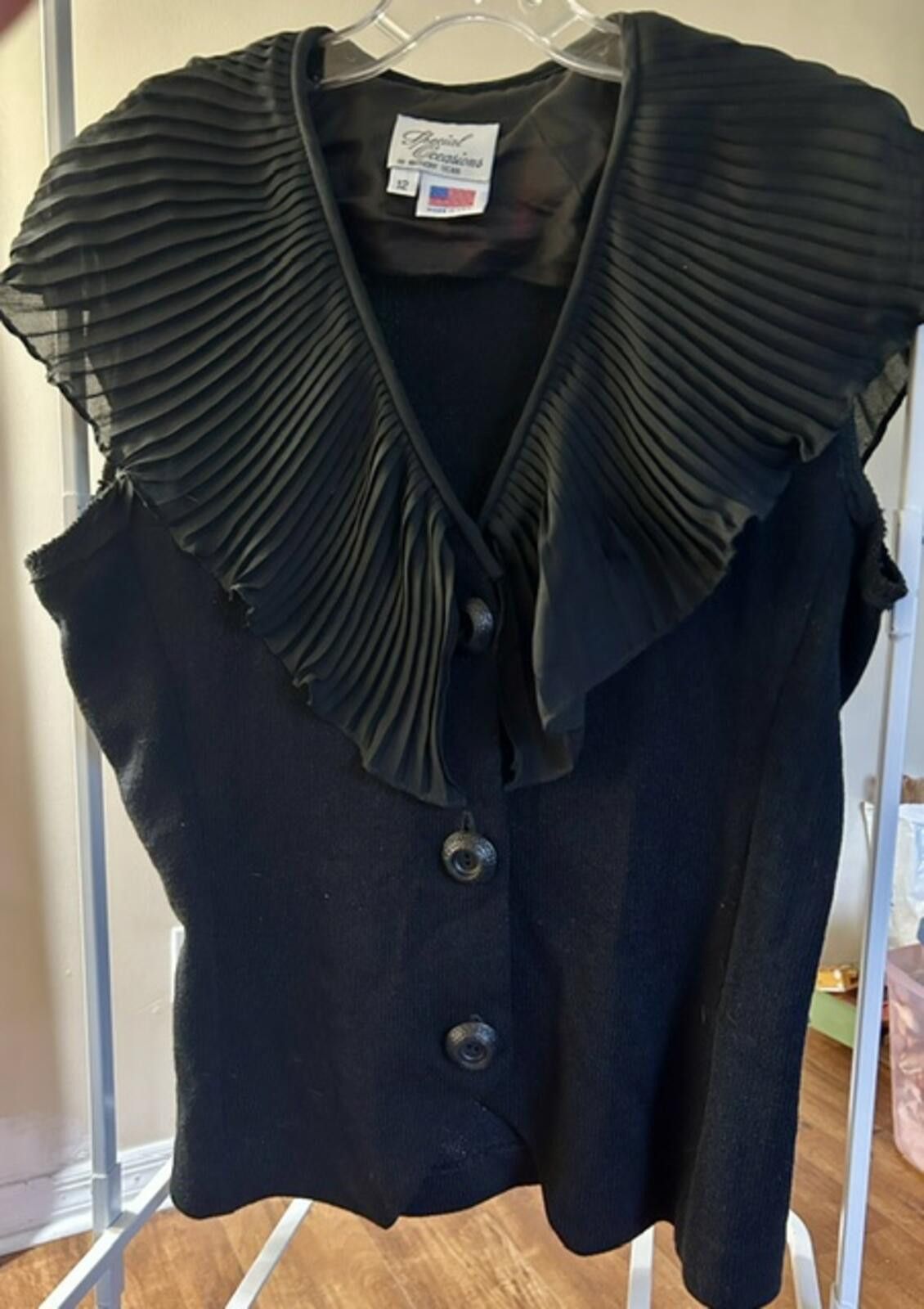 Other Special Occasions Black Pleated Collar Top Made in USA Sz 12 Size XL / US 12-14 / IT 48-50 - 1 Thumbnail