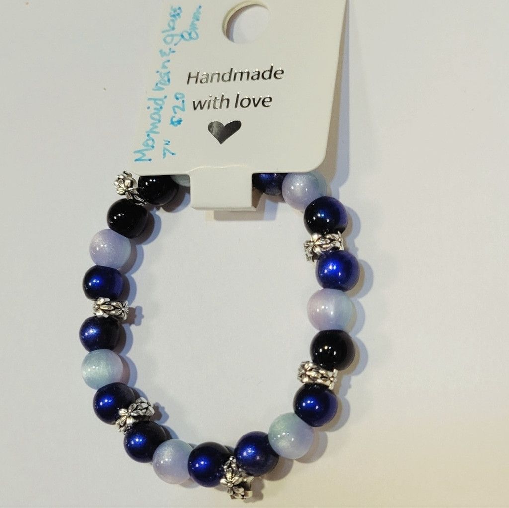 Handmade Mermaid Resin & Glass Beaded Silver Flower 7" Bracelet Size ONE SIZE - 2 Thumbnail