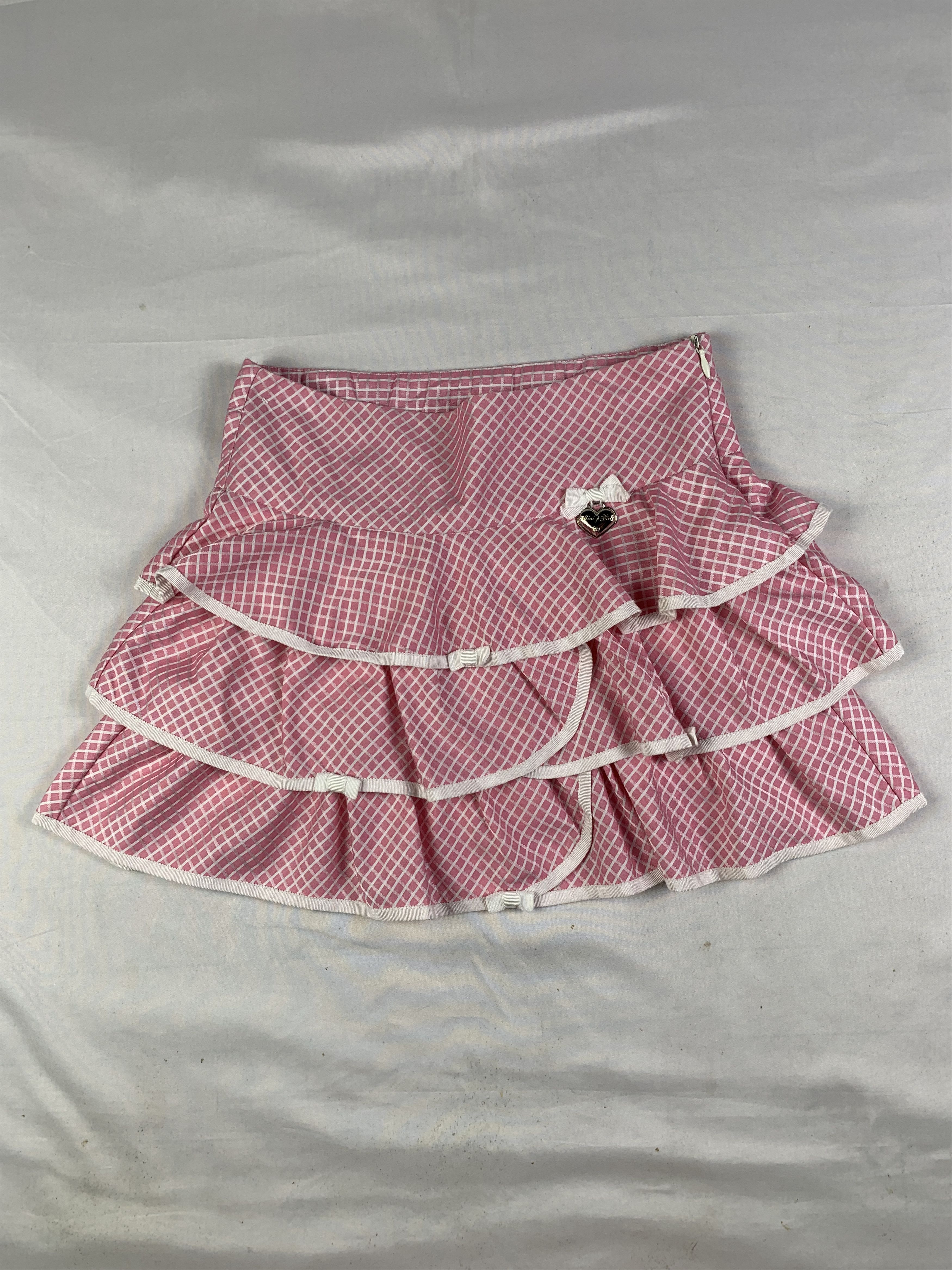 Japanese Brand Mini-J Pink Grid Plaid Ribbon Ruffle Mini Skirt (25) Size 25" / US 0 / IT 36 - 1 Thumbnail