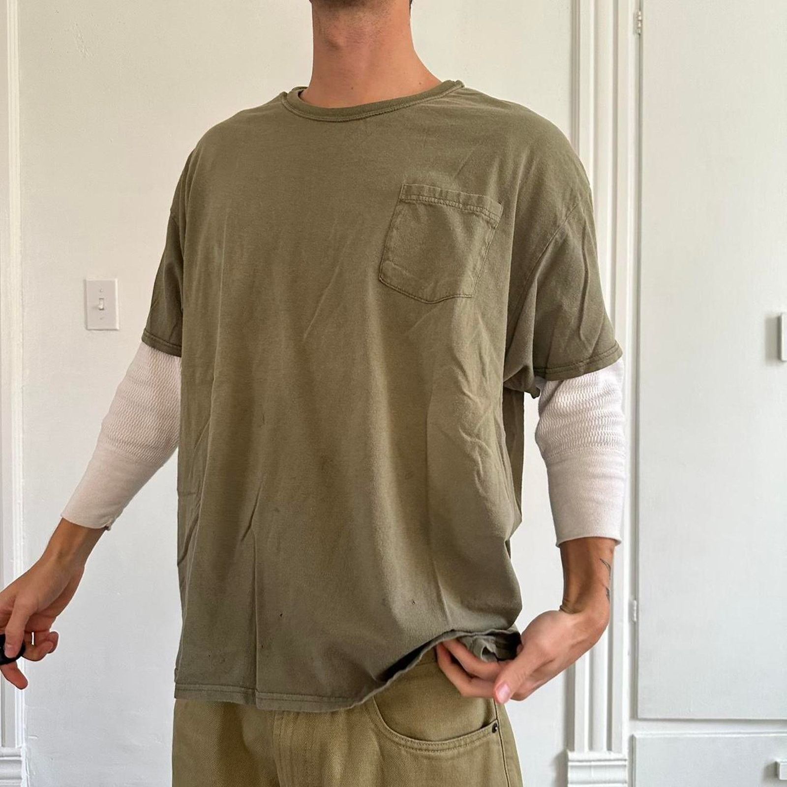 Vintage Y2K Green Olive Faded Thrashed Baggy Oversized Cotton Tee Size US XXL / EU 58 / 5 - 2 Thumbnail