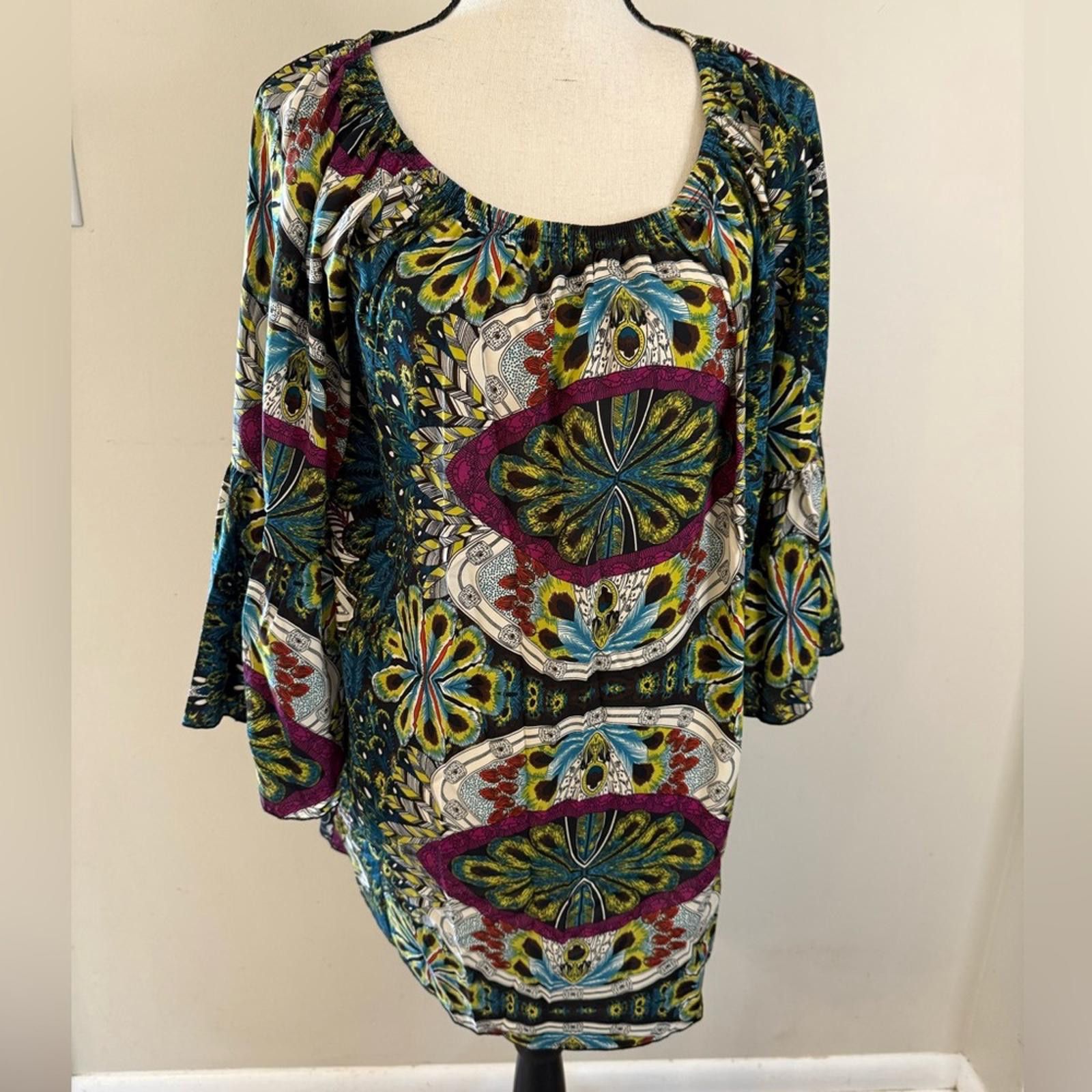 Other Boho multicolored feather print top wide sleeves SZ LG Size L / US 10 / IT 46 - 1 Thumbnail