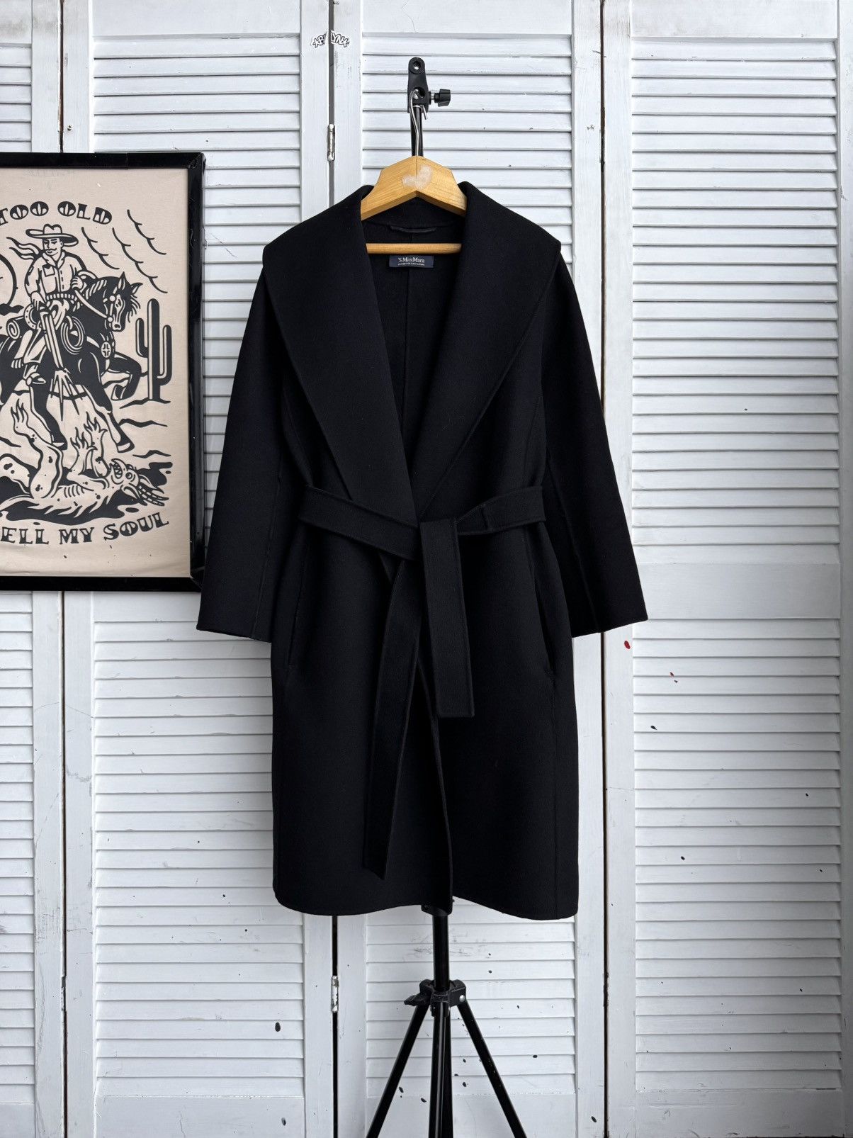 Max Mara S Max Mara Messi Cucito a Mano Wool Coat Black Belted Italy Size XS / US 0-2 / IT 36-38 - 3 Thumbnail