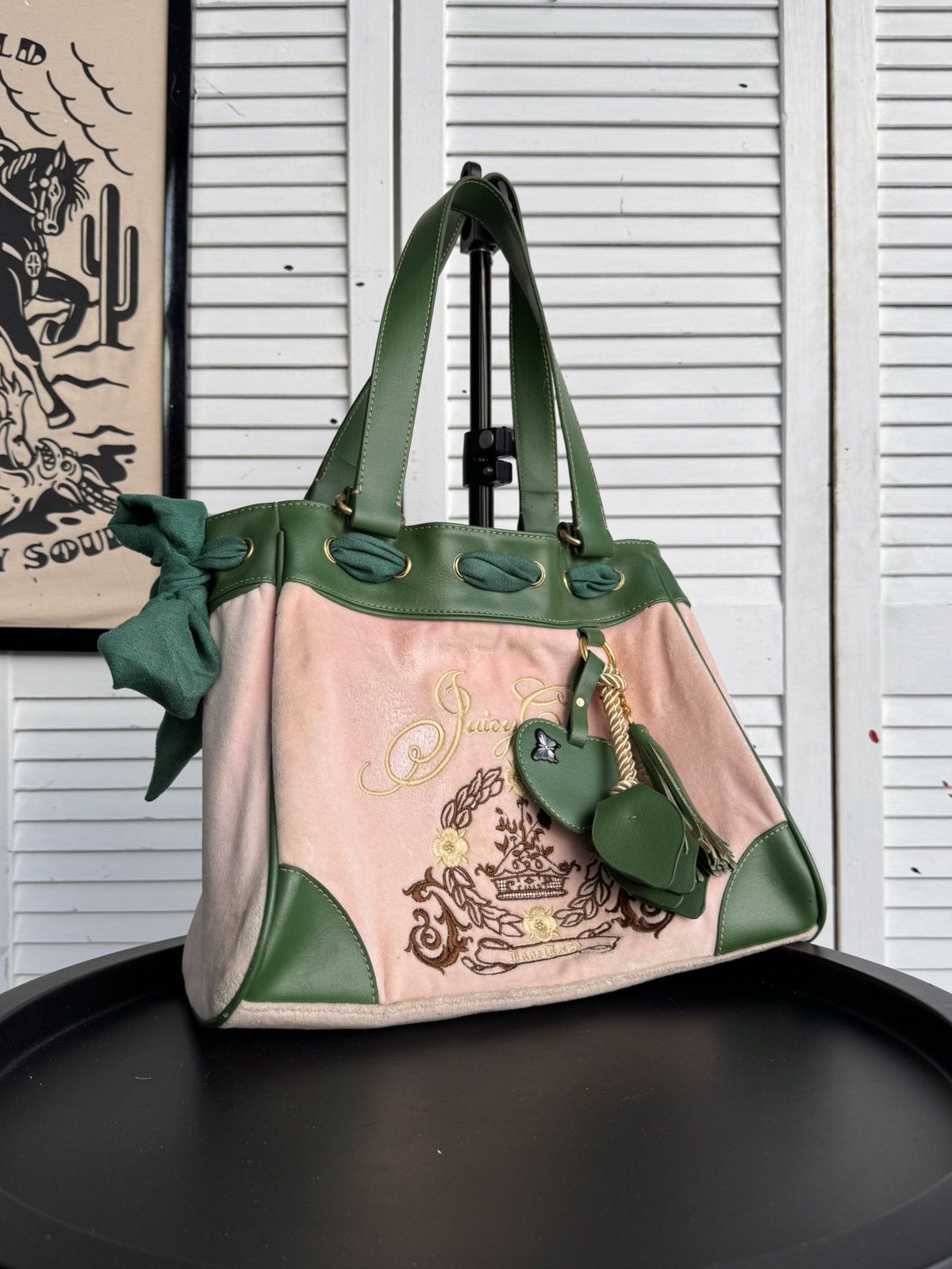 Juicy Couture Vintage Juicy Couture Daydreamer Velour Tote Bag Pink Green Size ONE SIZE - 4 Thumbnail