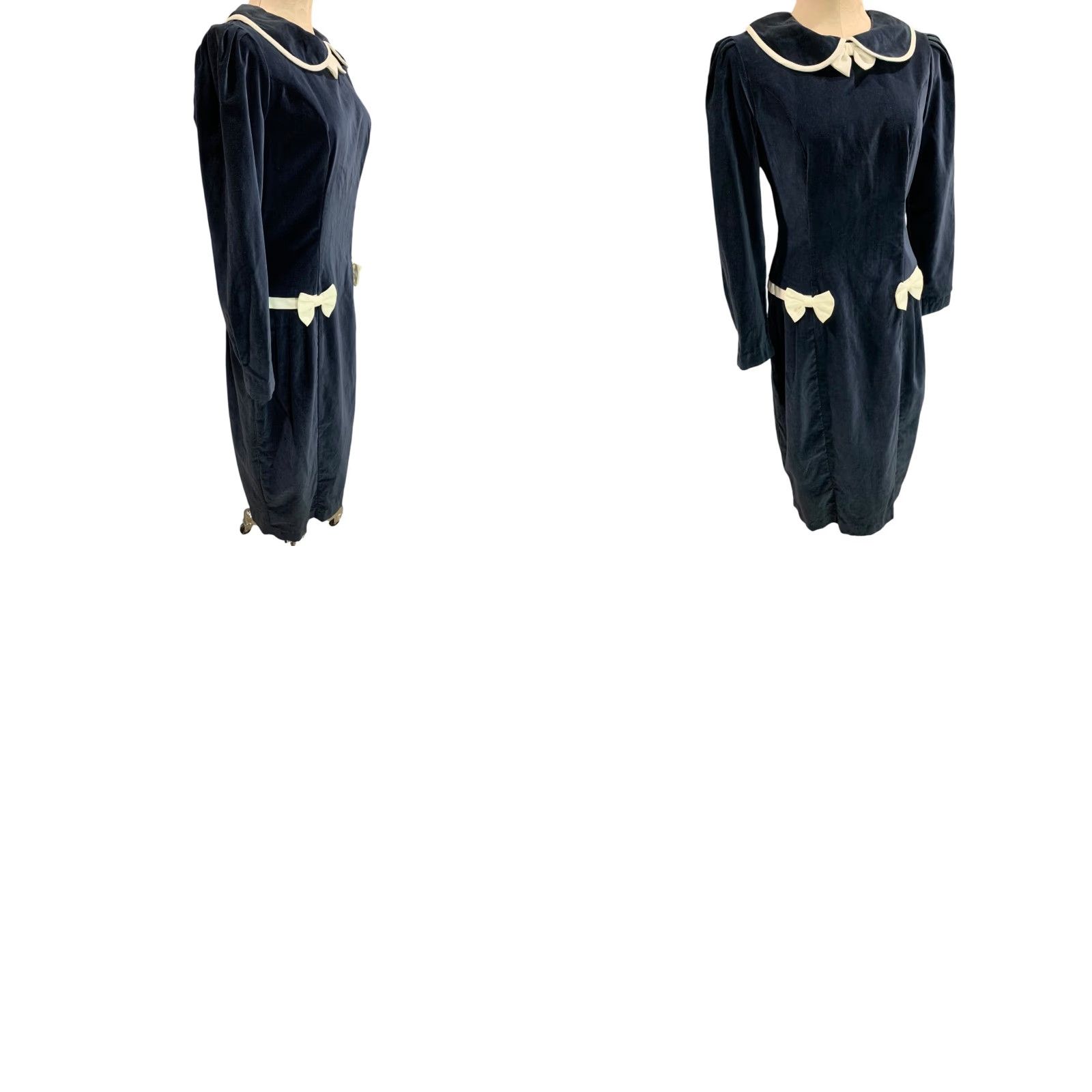 Velvet VINTAGE 1960s Velvet Dress Navy Blue Ivory Box Trim Midi Women M Navy Box Velvet Dress 1960s Womens M Size M / US 6-8 / IT 42-44 - 8 Thumbnail