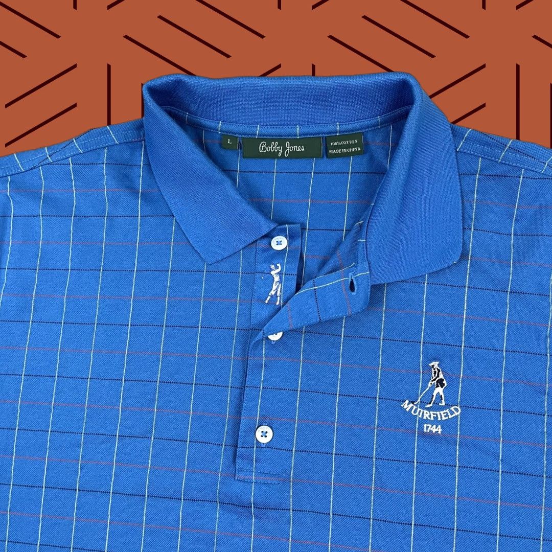 VINTAGE Murfield Golf Links Polo Shirt Mens Large Blue Bobby Jones Retro  Scotland 1744