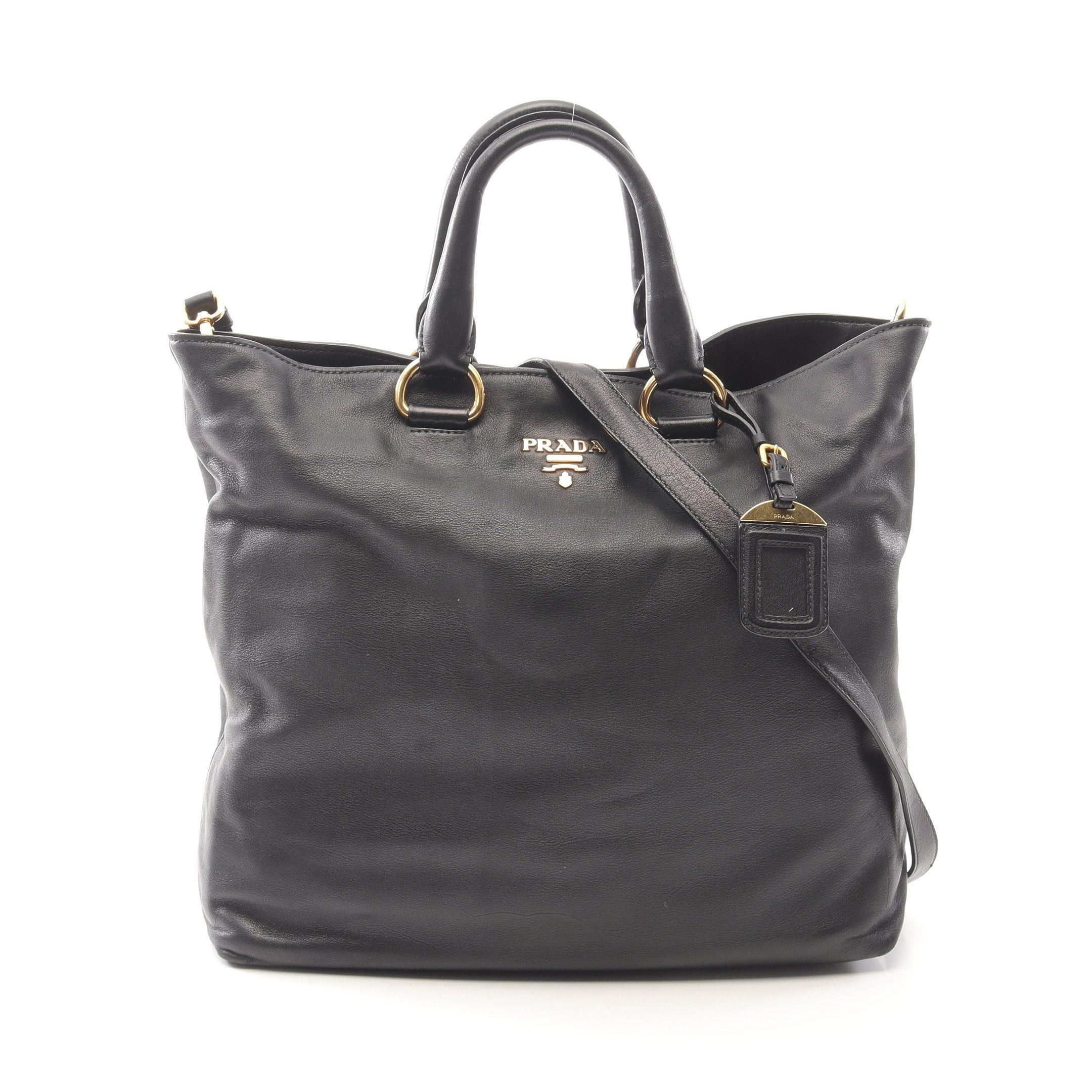 Prada Handbag Tote Bag Leather Black Metal Logo