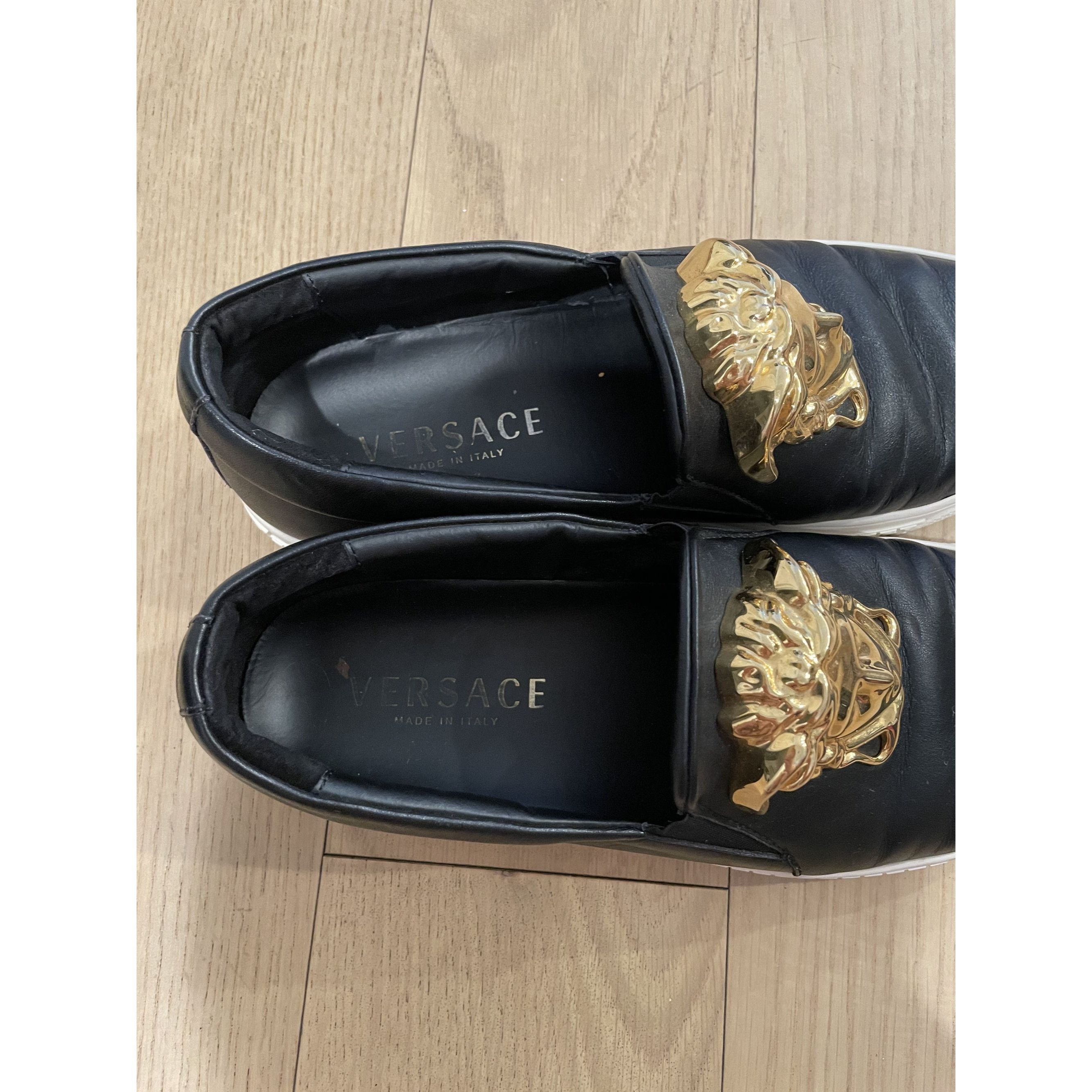Versace Versace Black Leather Slip-On Sneakers With Gold Medusa Deta Size US 6.5 / EU 39-40 - 5 Thumbnail