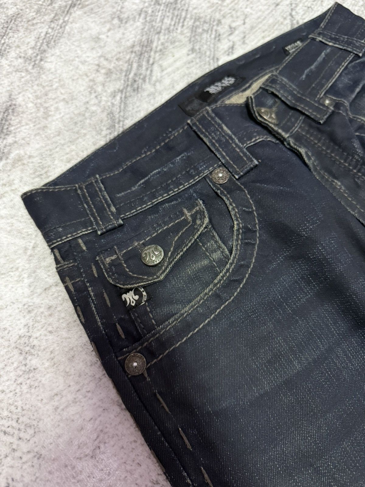 Japanese Brand × Mek Denim Mek Denim Wax Coated Studded Vegas Boot Cut Flared Jeans Size US 30 / EU 46 - 18 Thumbnail