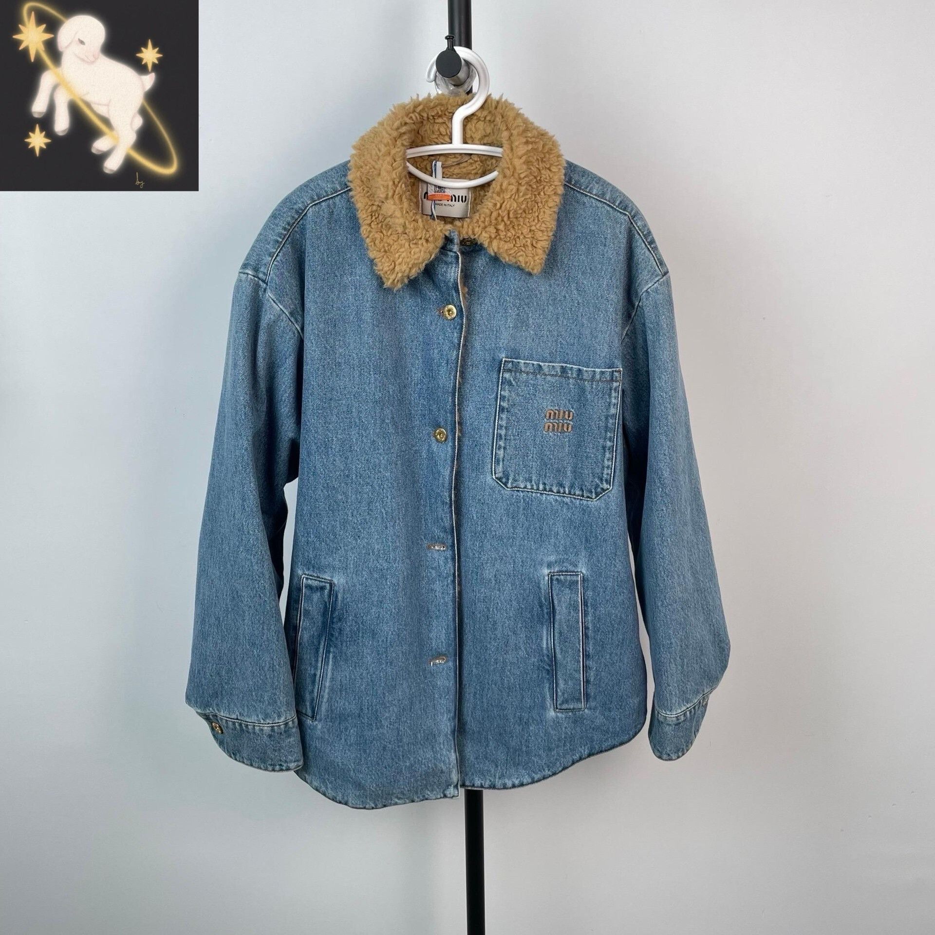 Miu Miu MiuMiu Blue Embroidered Logo Shearling Denim Jacket Size S / US 4 / IT 40 - 1 Thumbnail