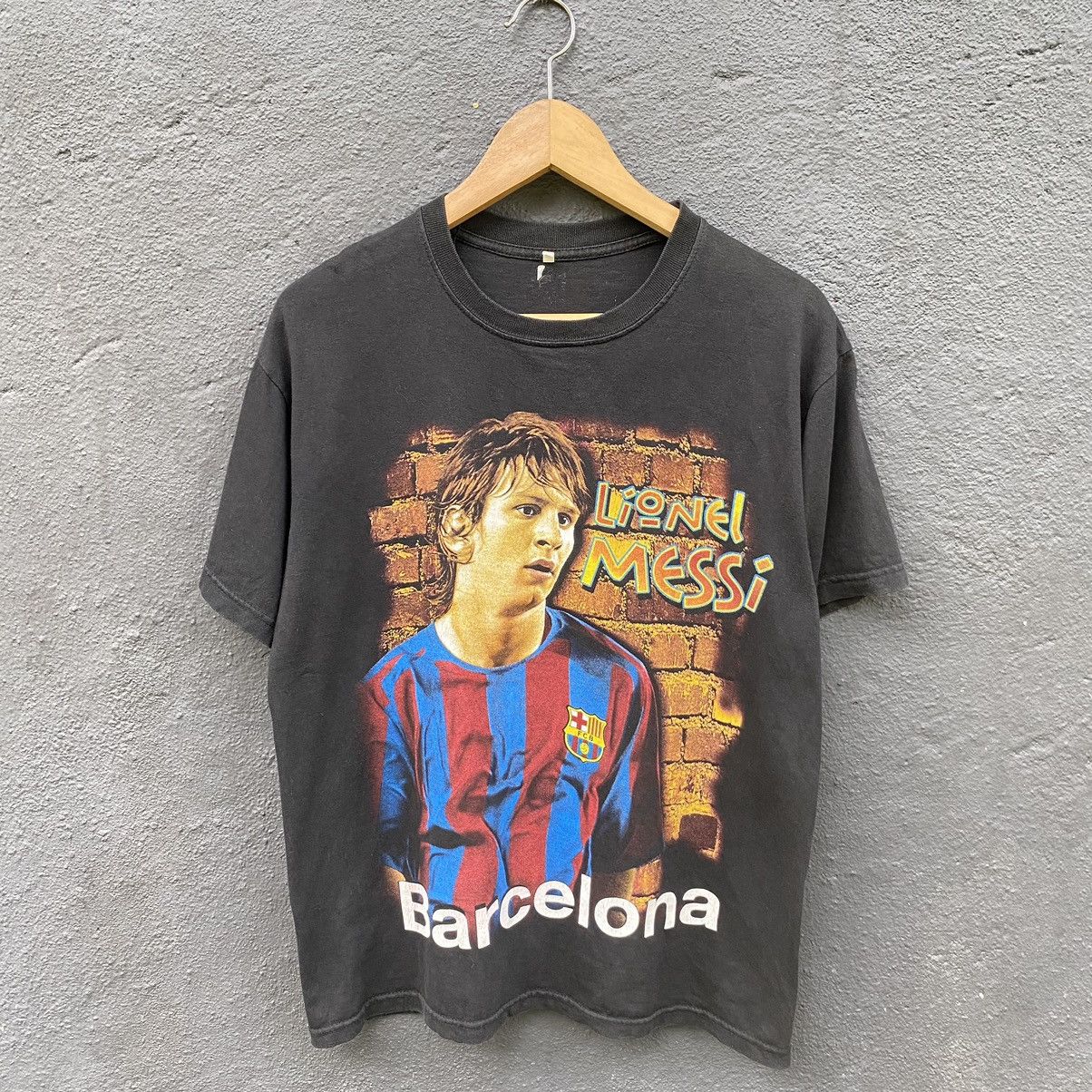 image of Rap Tees Thrashed Faded Vintage Y2K Lionel Messi Barcelona Fc Tee in Black, Men's (Size Medium)