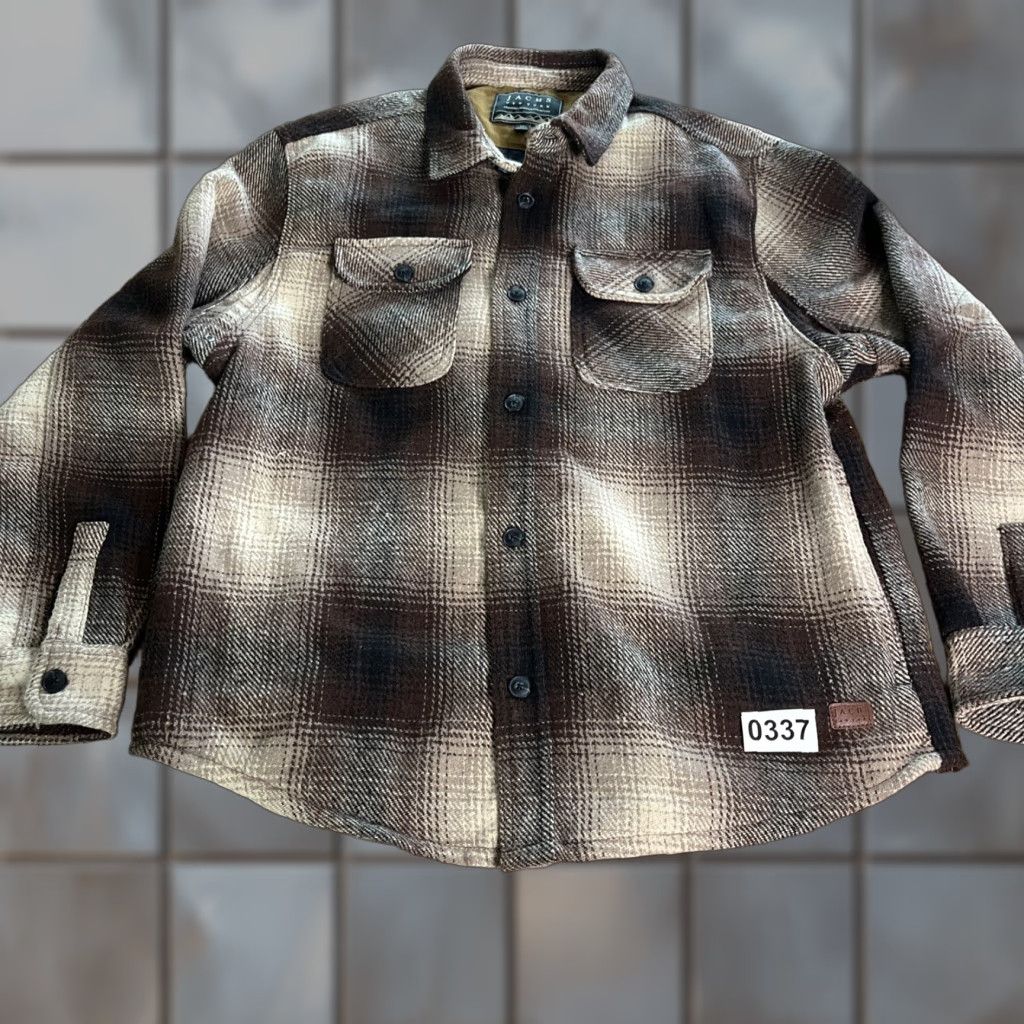 JACHS New York Jacket Men XL Button Up Shacket Brown Lined Wool Blend Plaid Coat Short Tweed Pockets Collared Outdoor Vintage No