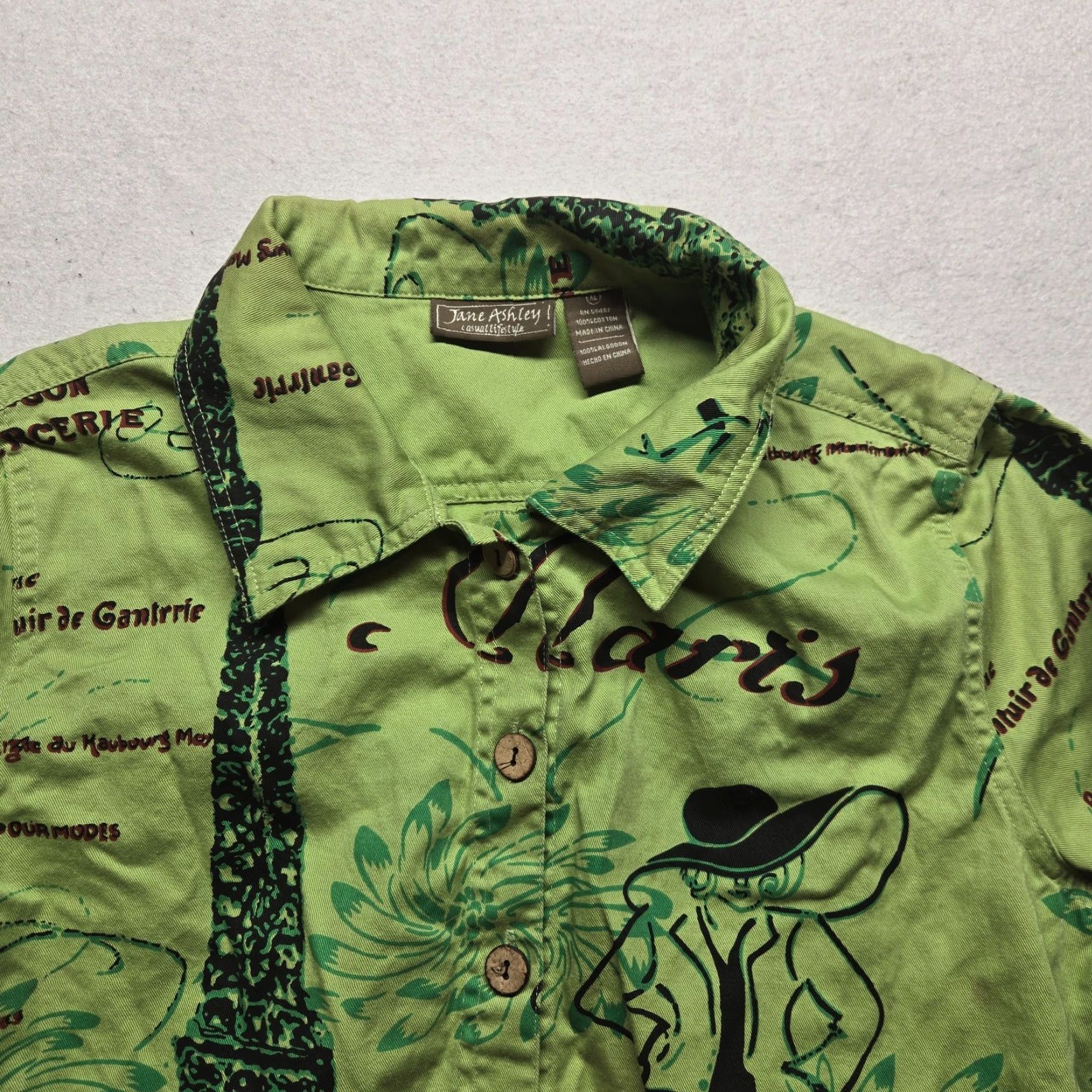 Vintage VINTAGE Jane Ashley Shirt Women's XL Green Travel Scene Button Up Over Coat Blouse Beach 90s Mens Womens Girls? Size XL / US 12-14 / IT 48-50 - 2 Thumbnail