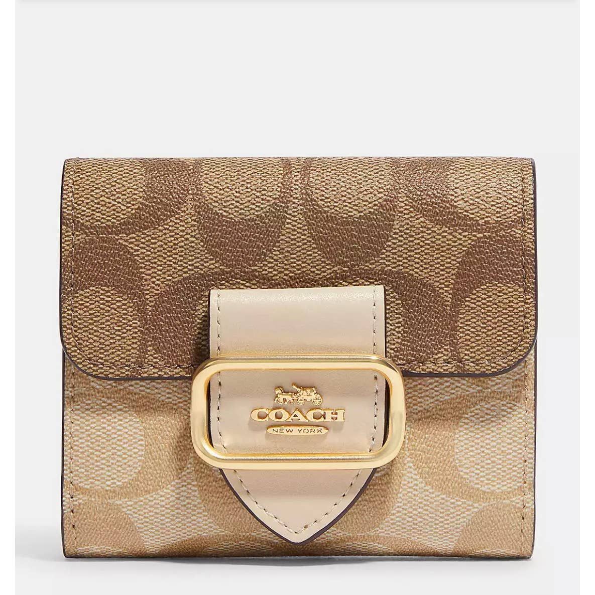 image of New Coach Small Morgan Wallet In Blocked Signature Canvas in Gold, Women's