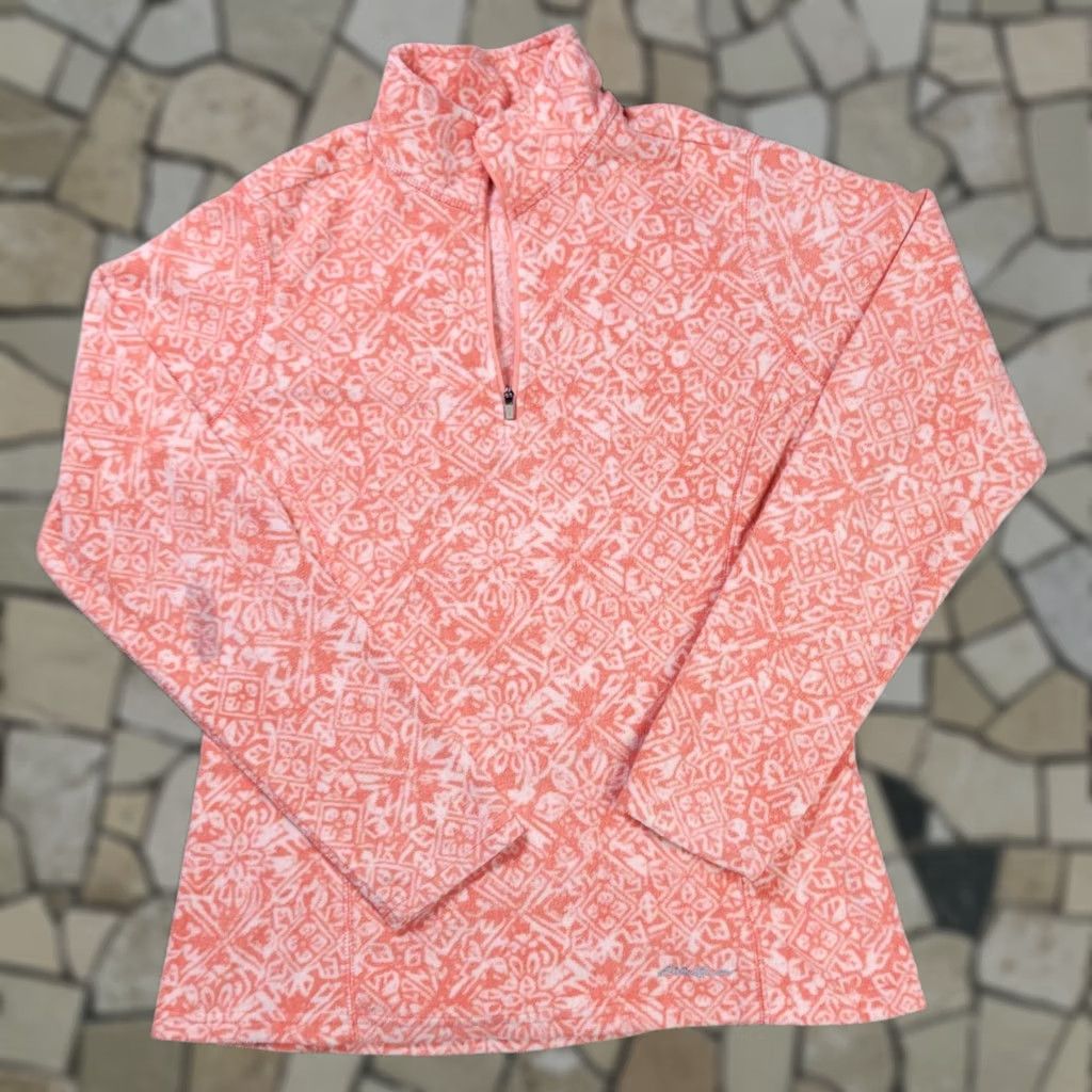 Eddie Bauer Peach 1/4 Zip Pullover Sweater Womens Medium Geometric Knit Long Sleeve Pocket Logo in Beige, Women's