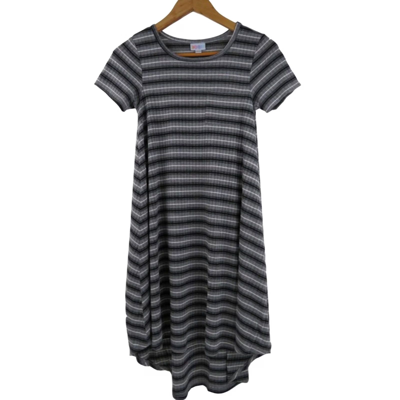 Vintage LuLaRoe Carly Dress 2XS Striped Gray White High Low Swing Dress Women Size XXS / US 00 / IT 34 - 2 Thumbnail