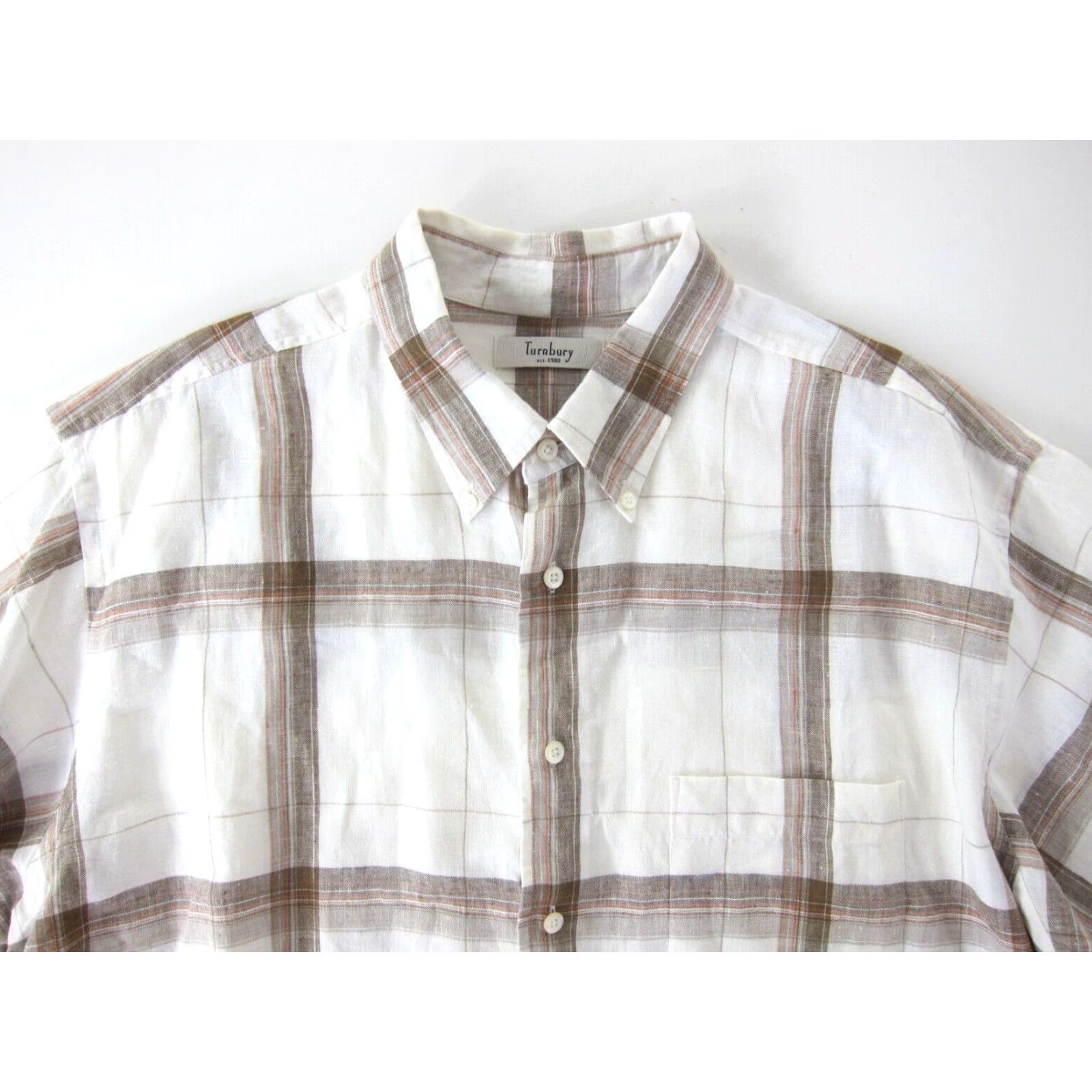 Vintage Turnbury Shirt XL 100% Linen Plaid Short Sleeve Collared Button-Up Mens Brown White Orange Plaid Shirt XL Size US XL / EU 56 / 4 - 4 Thumbnail