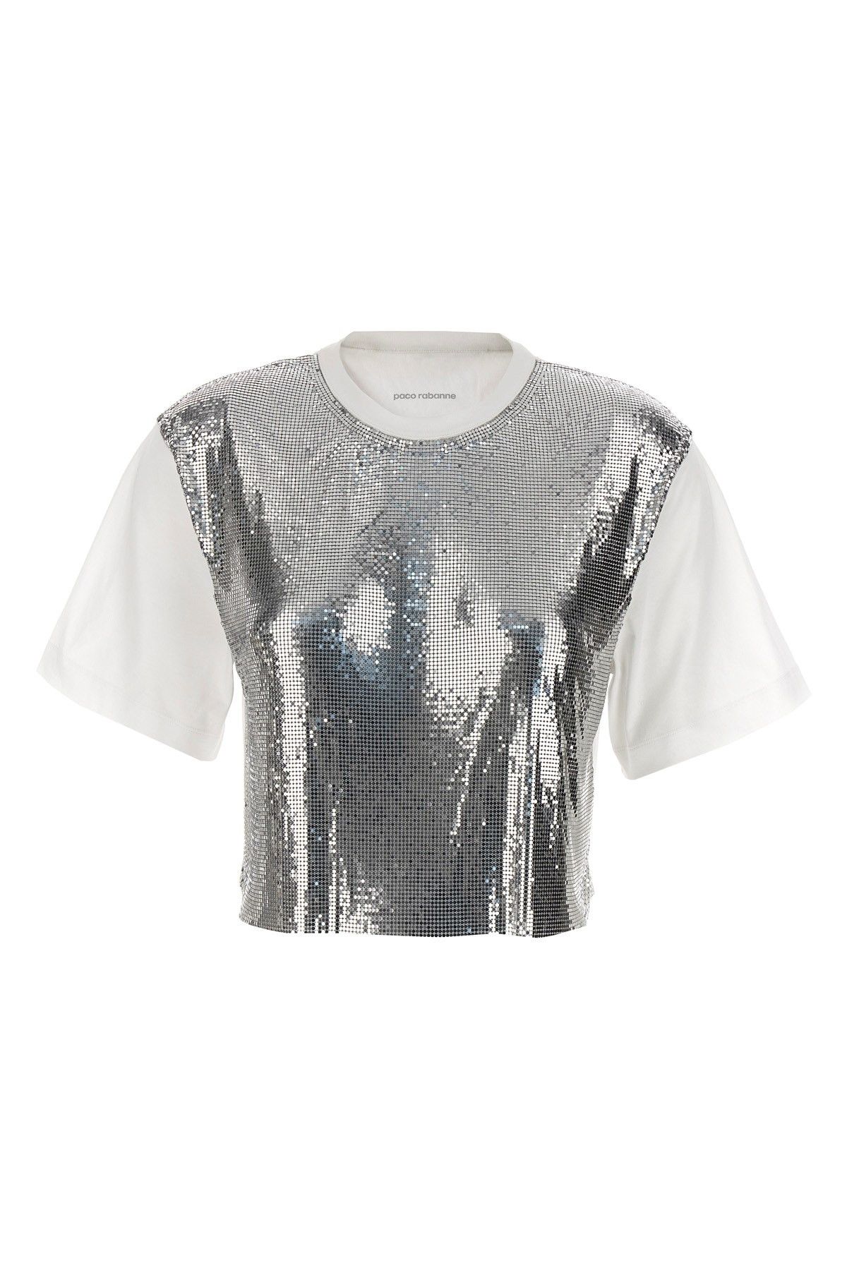 image of Paco Rabanne Metal Mesh T-Shirt in Silver, Women's (Size Small)