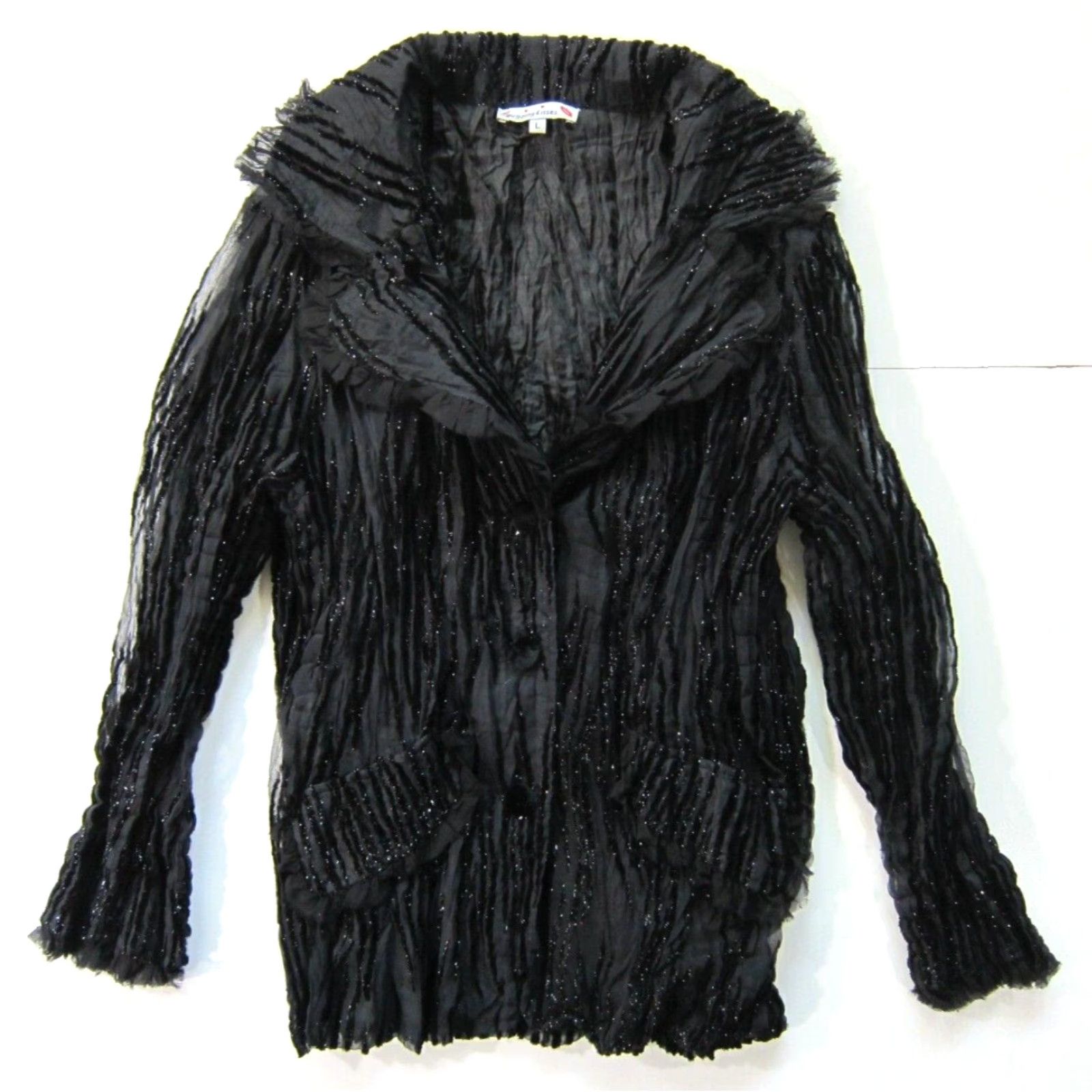 Velvet VINTAGE Hugging Kisses Blouse Shirt Large Womens Black Velvet Lace Sparkle Button Pocket Blazer Rayon Long Sleeve Collared Size L / US 10 / IT 46 - 7 Thumbnail