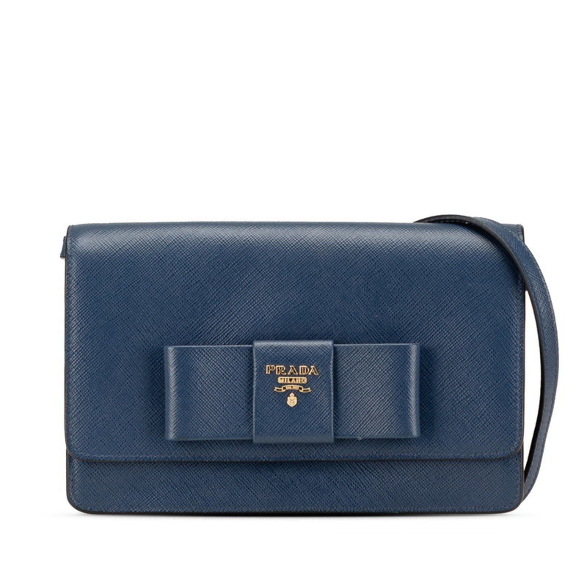 Prada Saffiano Ribbon Shoulder Bag Blue Leather Women's Prada
