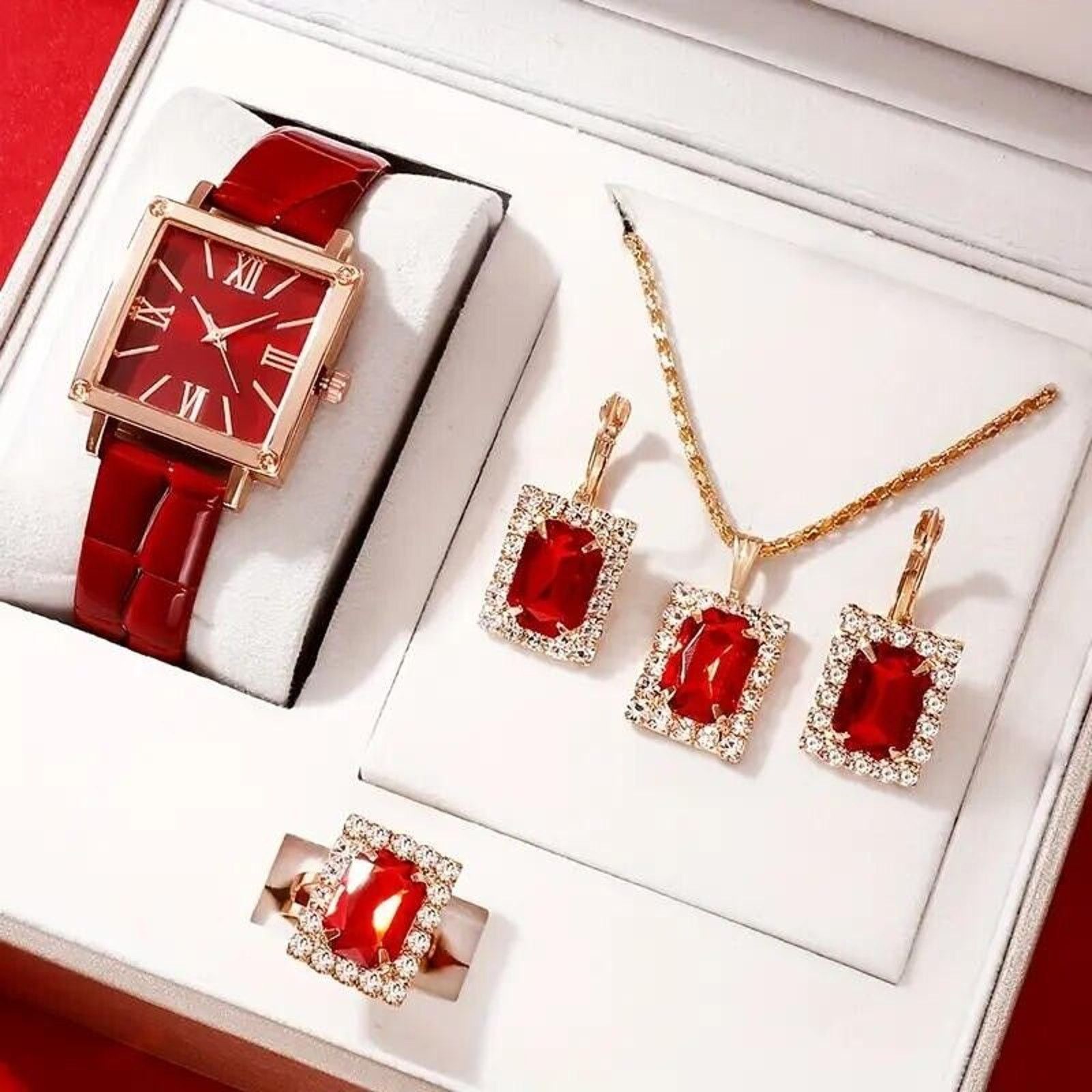 Other 5pc Jewelry Set Square Rhinestone Quartz Watch,Necklace Size ONE SIZE - 1 Thumbnail