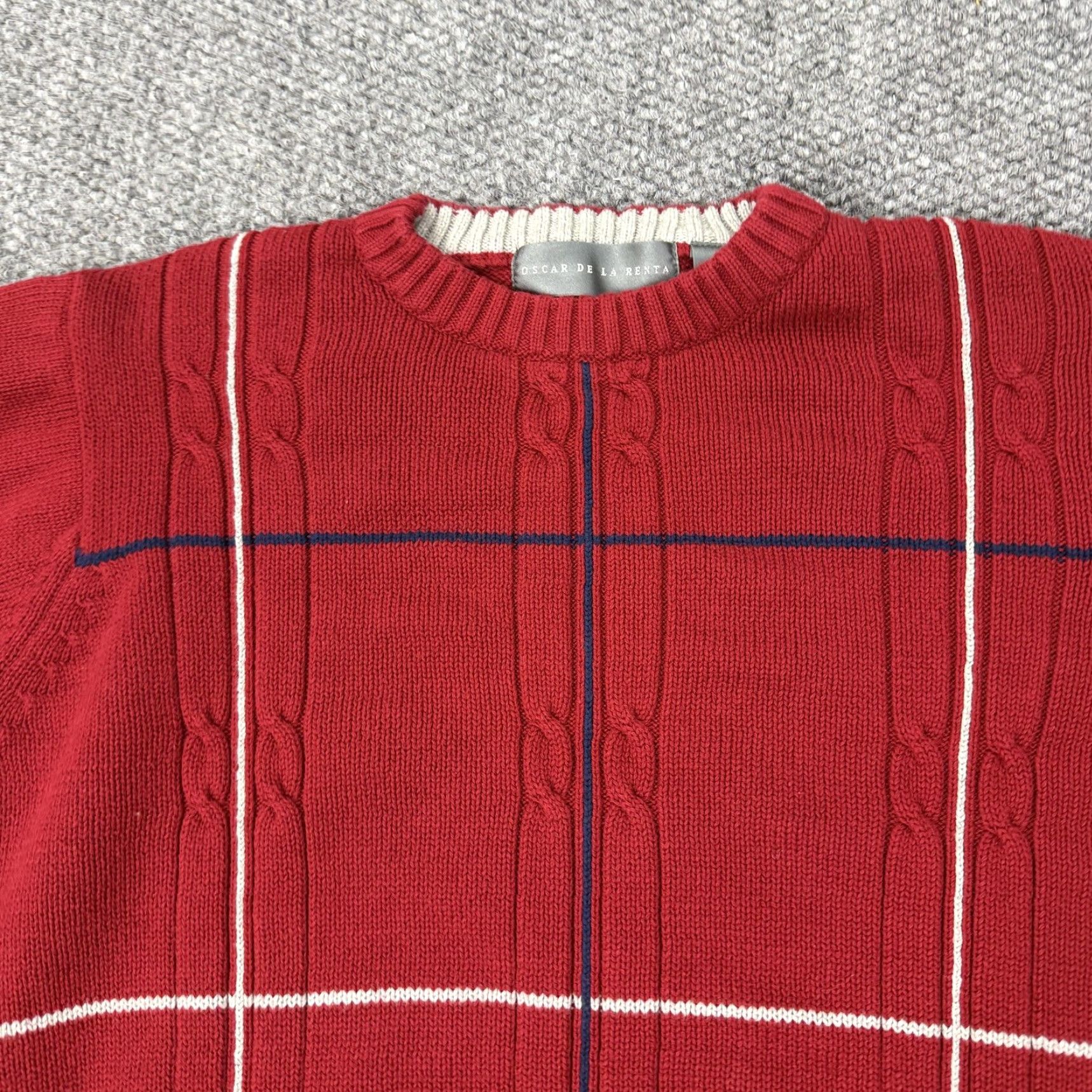 Oscar De La Renta Oscar de la Renta Sweater Mens M Red Windowpane Cable Knit Crewneck Cotton Size US M / EU 48-50 / 2 - 2 Thumbnail
