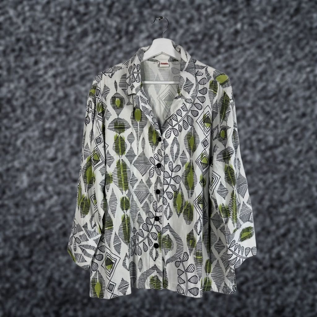 Vintage Tianello Womens Geometric Print Button-Down Aida Blouse Top M White/Green Size M / US 6-8 / IT 42-44 - 1 Thumbnail