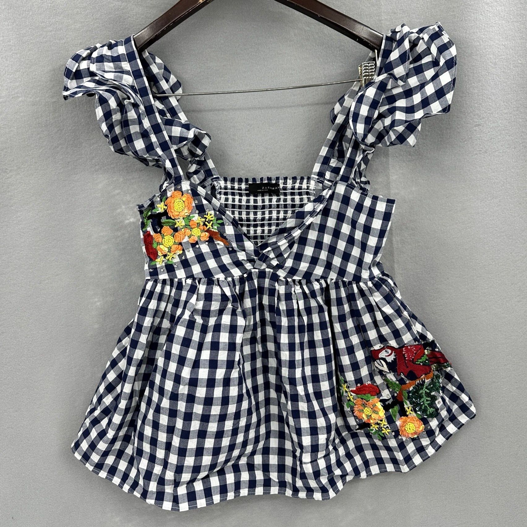 Zara ZARA WOMAN Blouse XS Sequin Beaded Bird Gingham Quiet Cottagecore Boho Womens Size XS / US 0-2 / IT 36-38 - 2 Thumbnail
