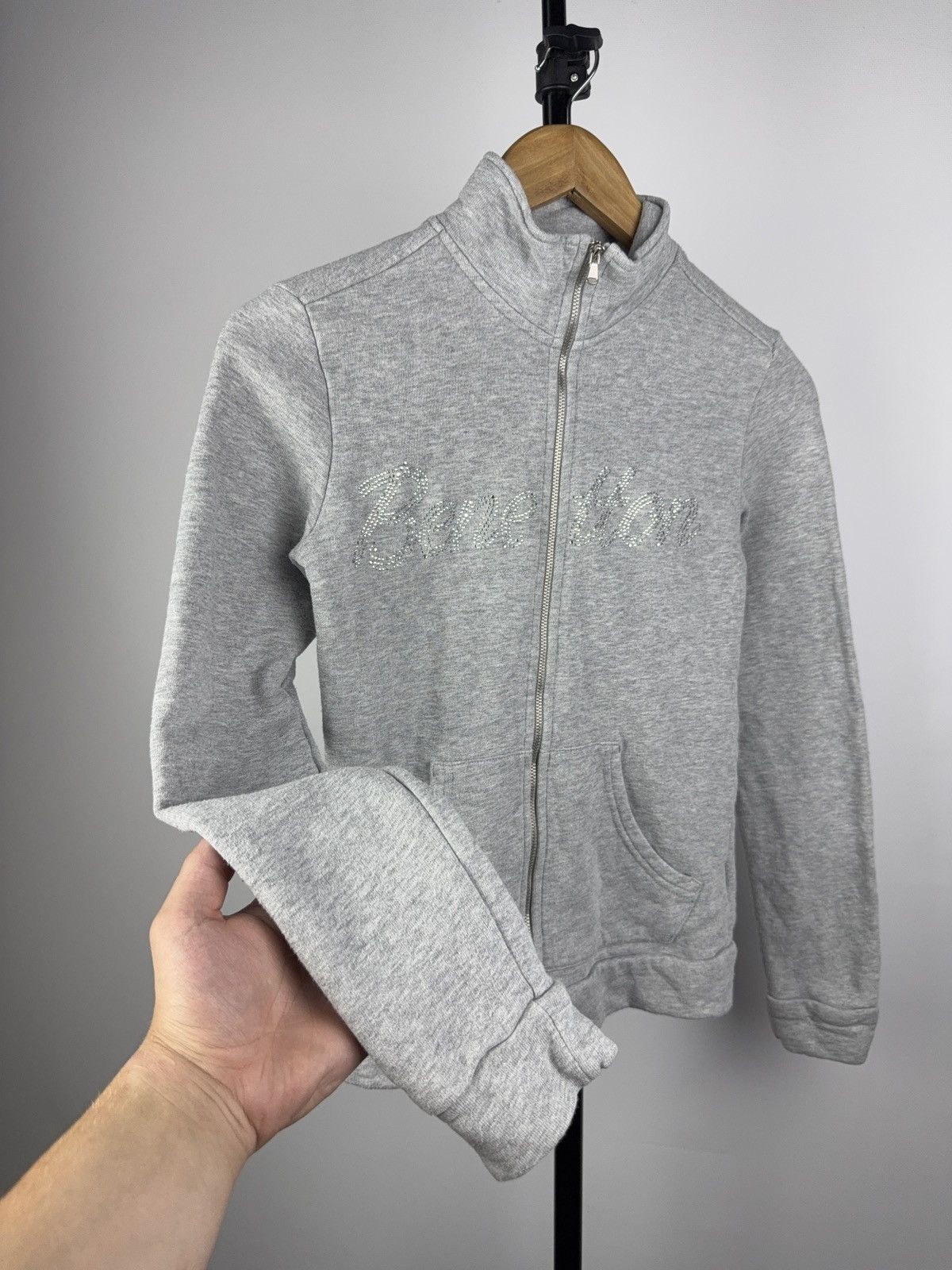 United Colors Of Benetton Benetton Zip Hoodie with Rhinestone Logo – Light Grey Size XS / US 0-2 / IT 36-38 - 2 Thumbnail