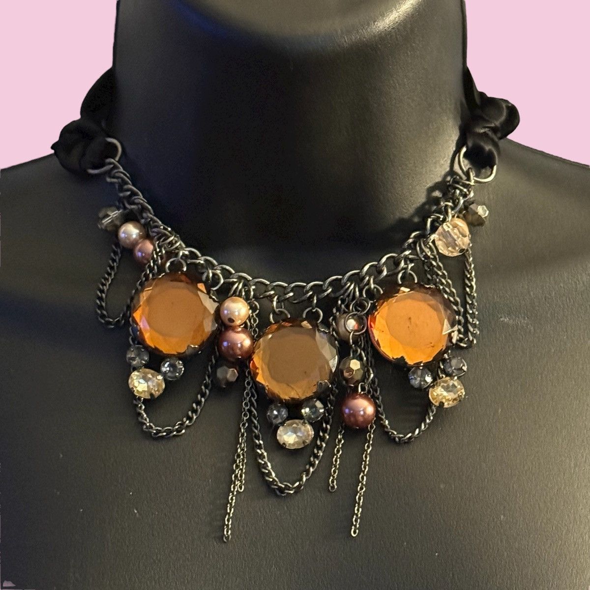 Other Silver tone amber rhinestones and pearls ribbon necklace Size ONE SIZE - 1 Thumbnail