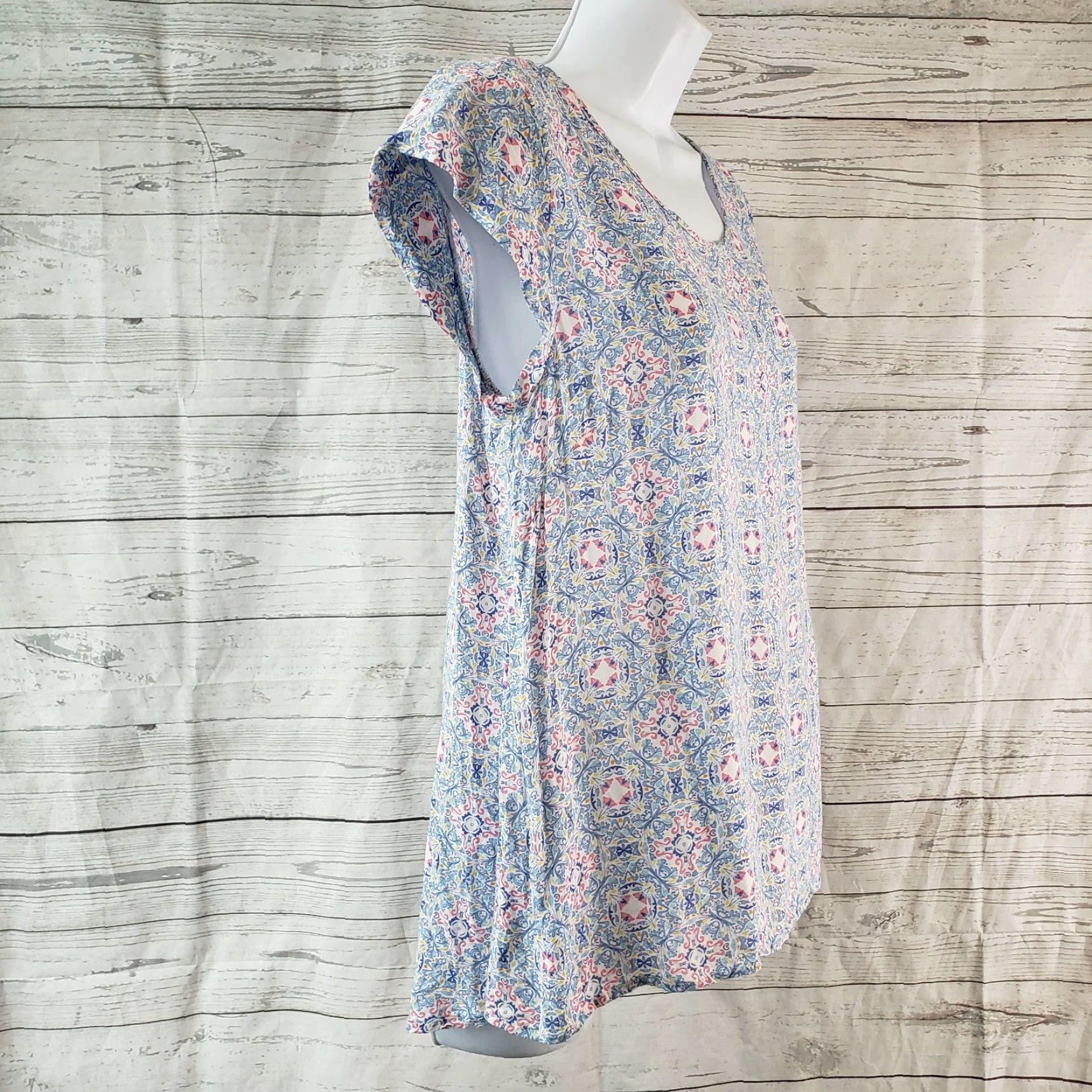 Vintage Artisan NY Womens Top Sz Medium Blue Pink Short Sleeve Rayon Size S / US 4 / IT 40 - 3 Thumbnail