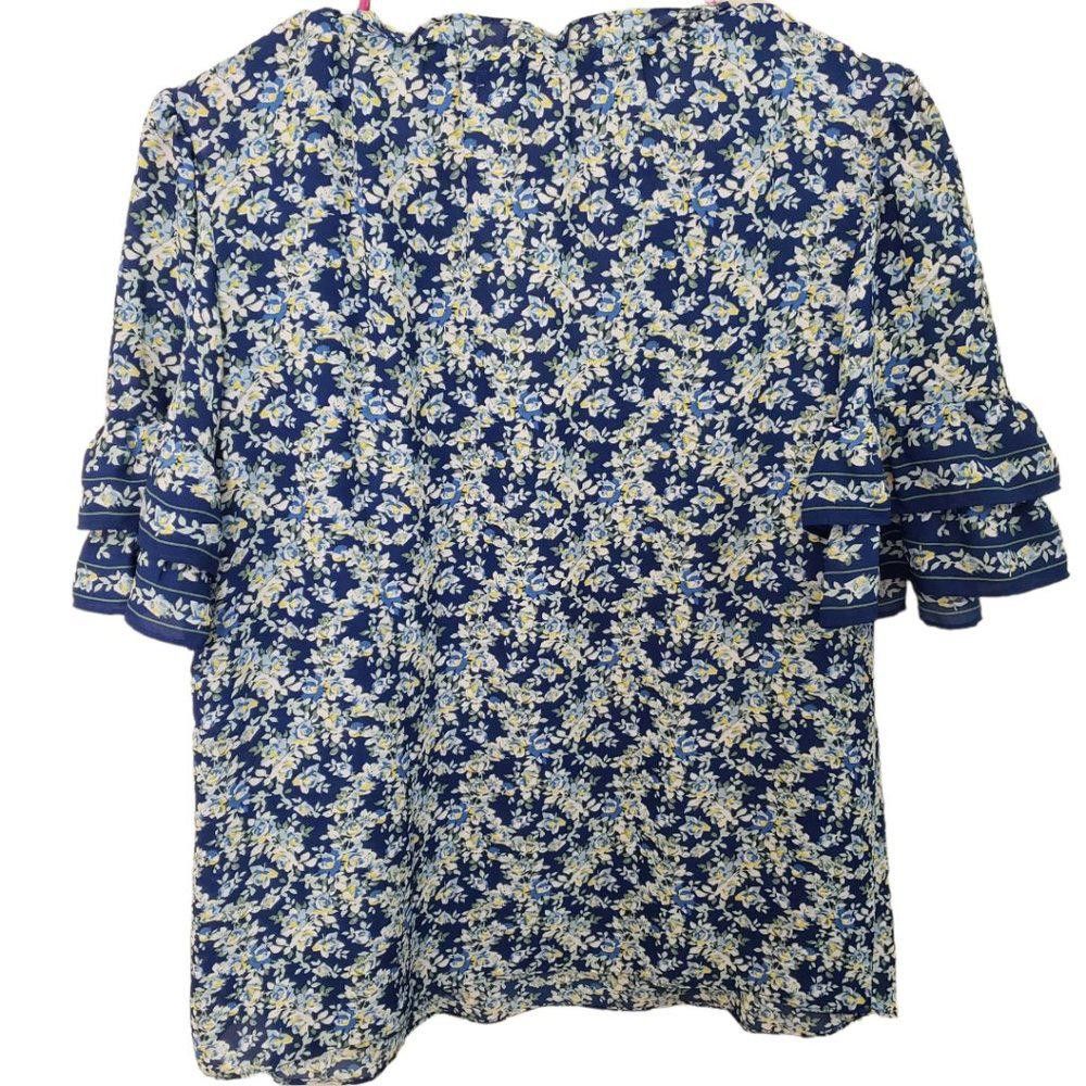 Designer CT440 Max Studio Ladies Blue Floral Ruffled Sleeve Blouse M Size M / US 6-8 / IT 42-44 - 2 Thumbnail
