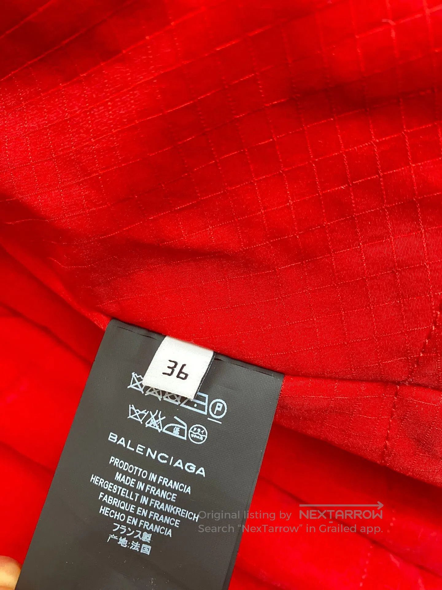 balenciaga red puffer jacket with scarf.