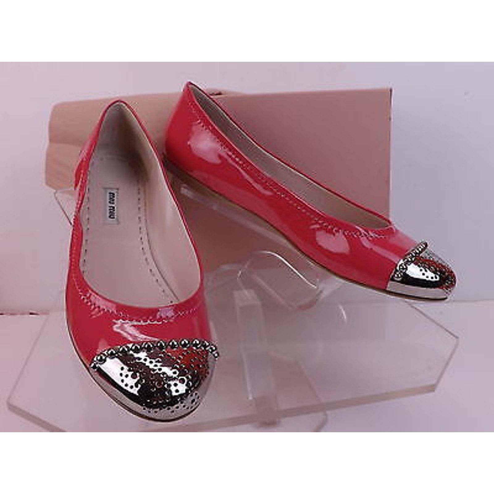 Miu Miu PINK PATENT LEATHER METAL STUDDS CAP TOE FLATS 41 Size US 11 / IT 41 - 7 Thumbnail