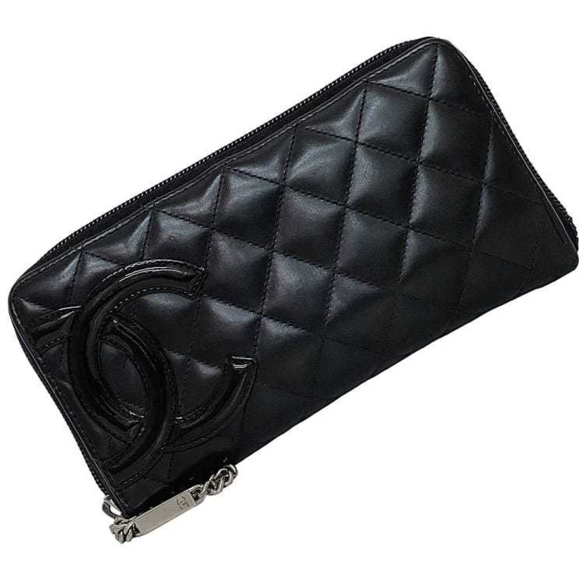 image of Chanel Round Long Wallet Black Silver Cambon A50078 Coco Mark Leather 20S Chanel Quilted Chain, Wom