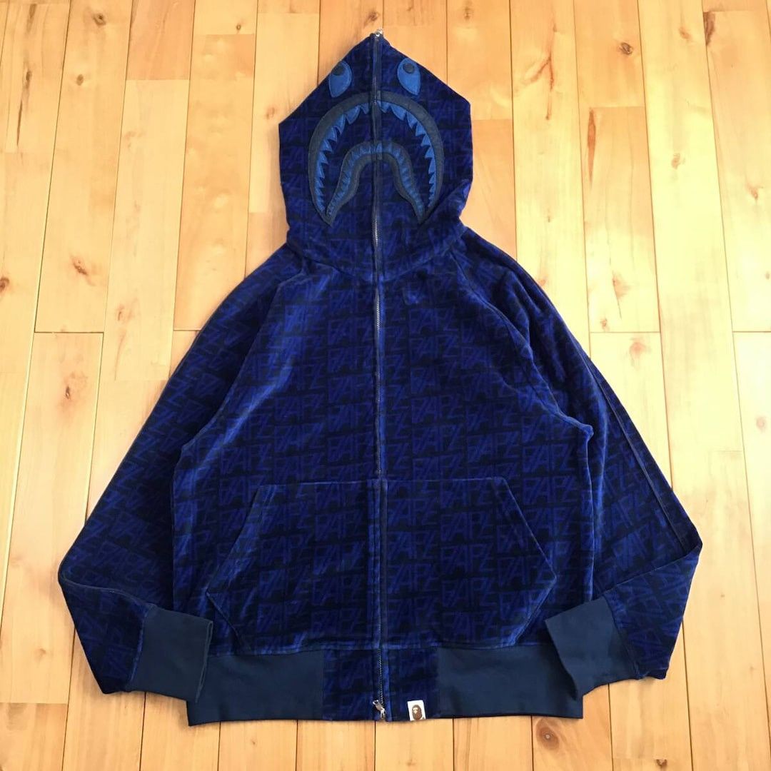 Bape BAPE Logo Monogram Velour Shark Full Zip Hoodie APE Size US S / EU 44-46 / 1 - 1 Thumbnail