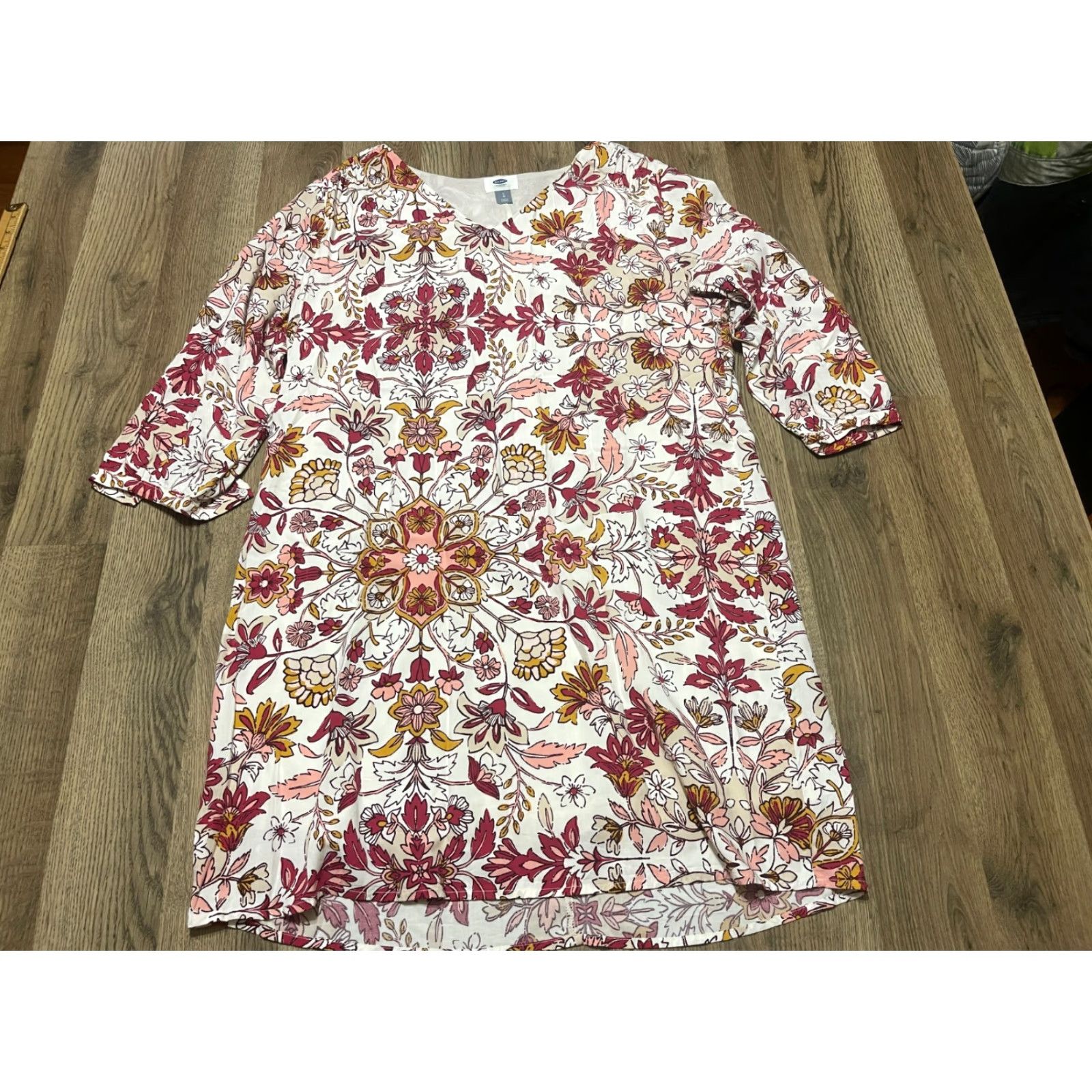 Old Navy Old Navy Dress Womens Large Pink White Orange Floral 3/4 Sleeve V-neck Shirt Dress Size L / US 10 / IT 46 - 2 Thumbnail
