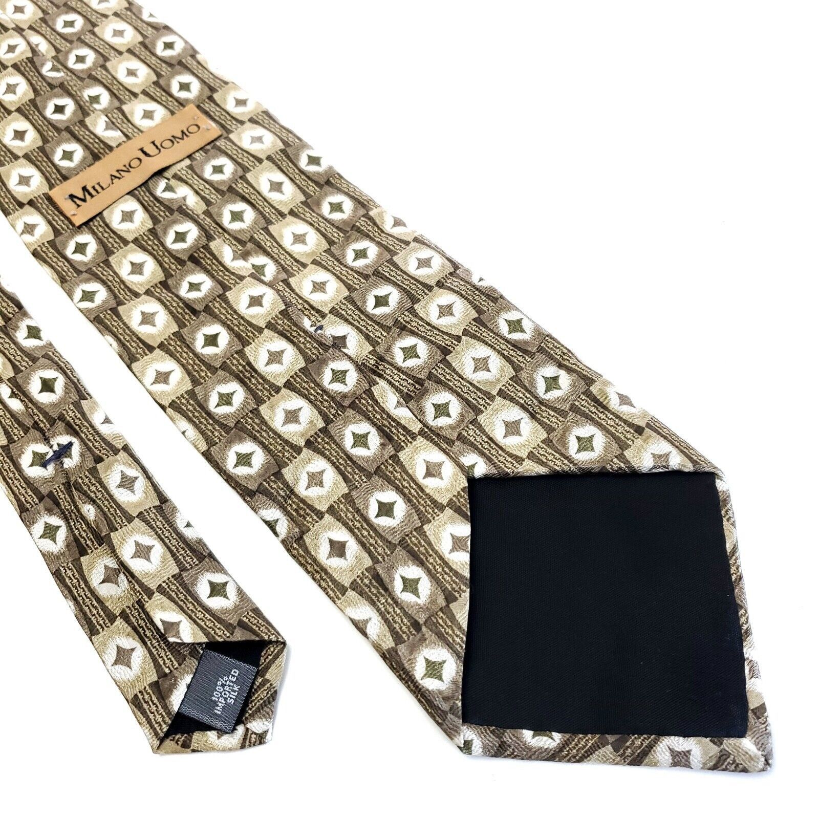 Designer Milano Uomo Beige Tan Print Geometric Wide Silk Tie Size ONE SIZE - 5 Thumbnail