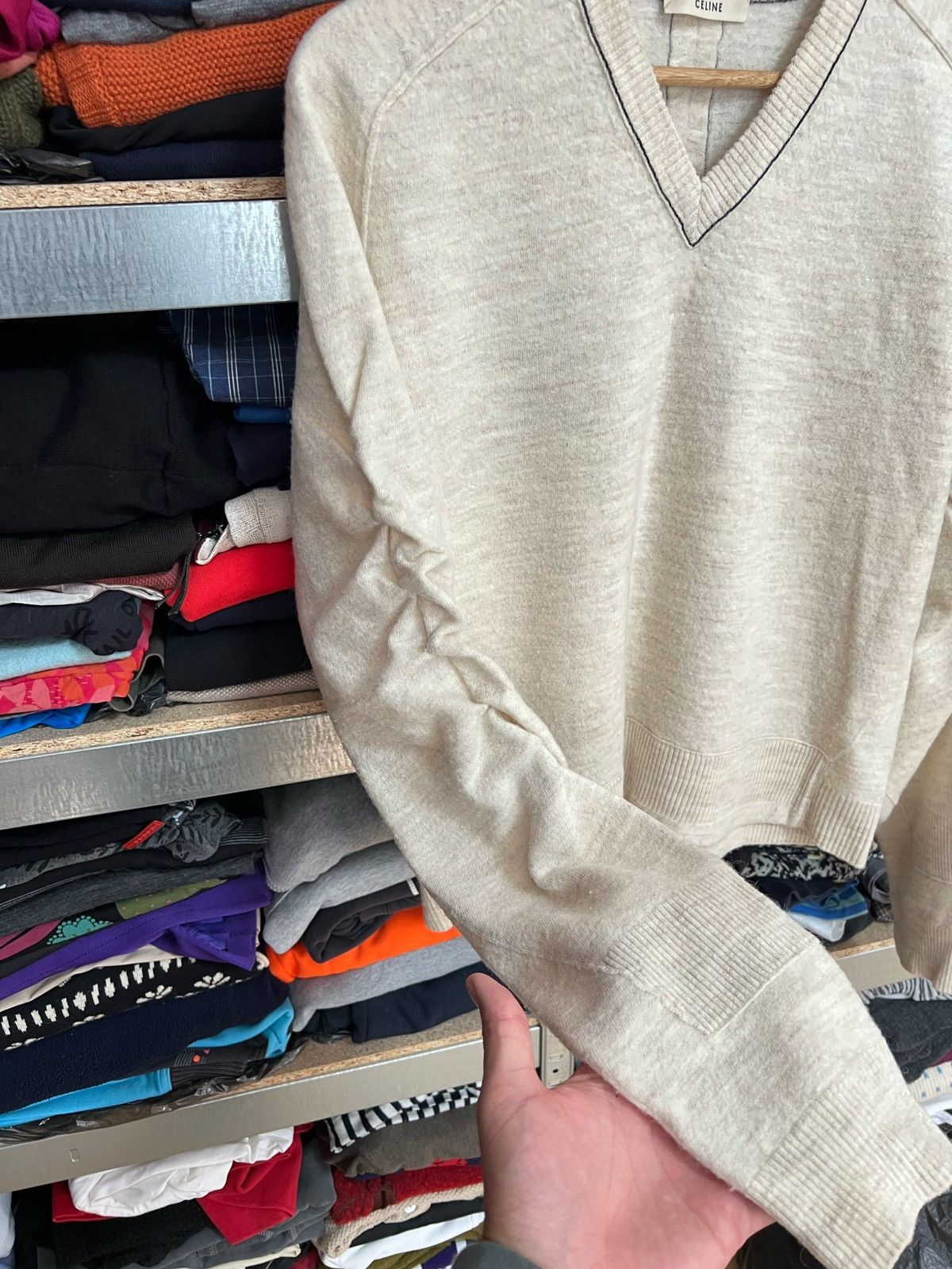 Celine Celine Beige V-Neck Sweater Wool Alpaca Blend Ruched Sleeves Size S / US 4 / IT 40 - 2 Thumbnail