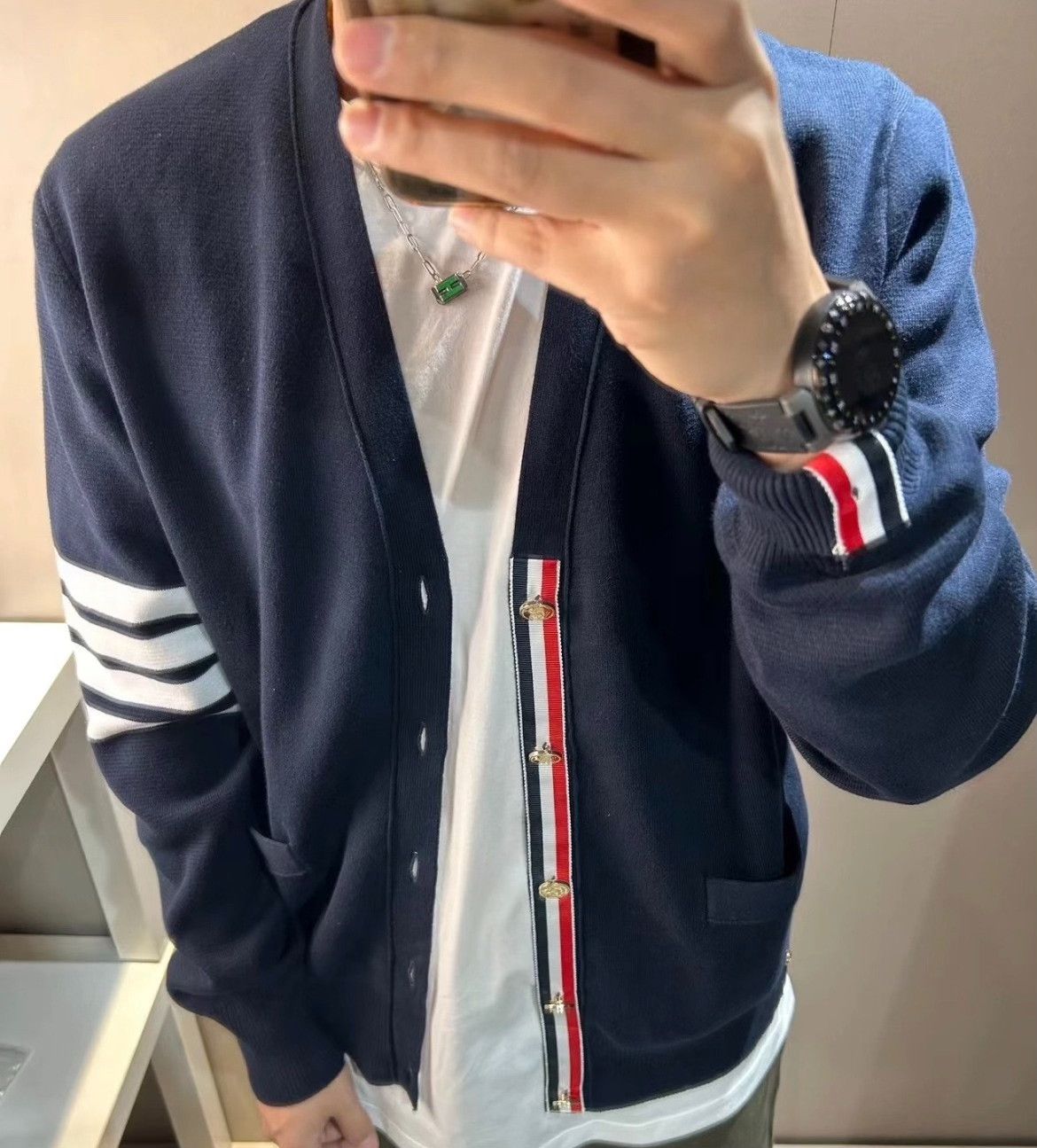 Thom Browne Thom Browne 4-Stripe V-Neck Gold Button Cardigan Size US XXL / EU 58 / 5 - 1 Thumbnail