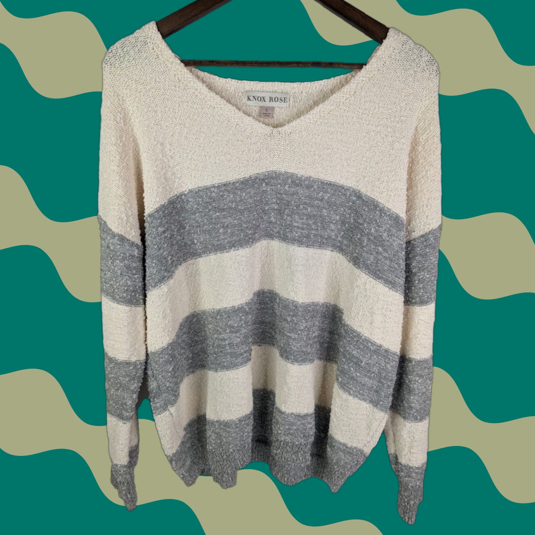 Vintage Knox Rose Sweater Womens Large White Grey Striped V-Neck Chunky Knit Pullover Size L / US 10 / IT 46 - 1 Thumbnail